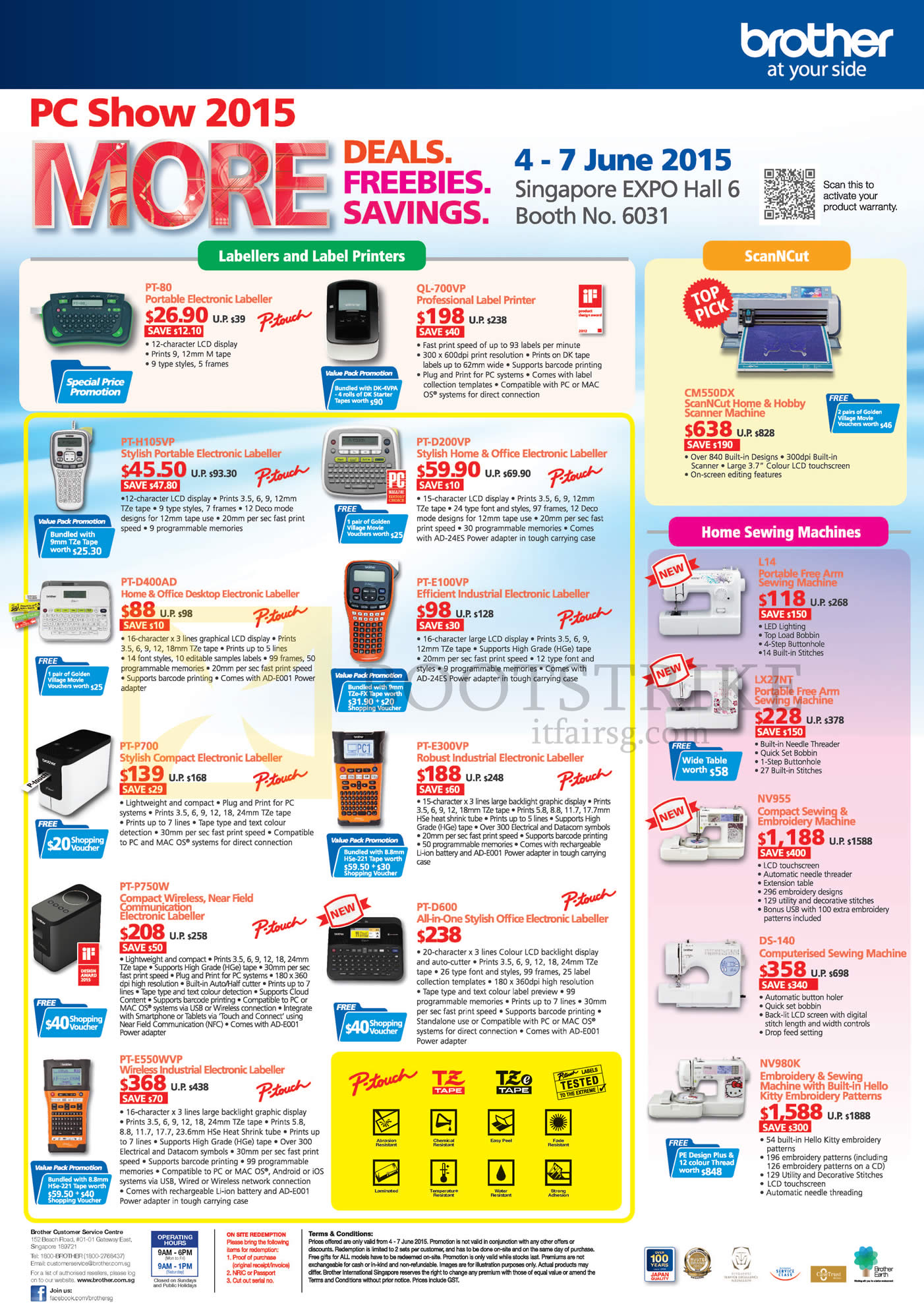 PC SHOW 2015 price list image brochure of Brother Labellers Label Printers, ScanNCut, Sewing Machines