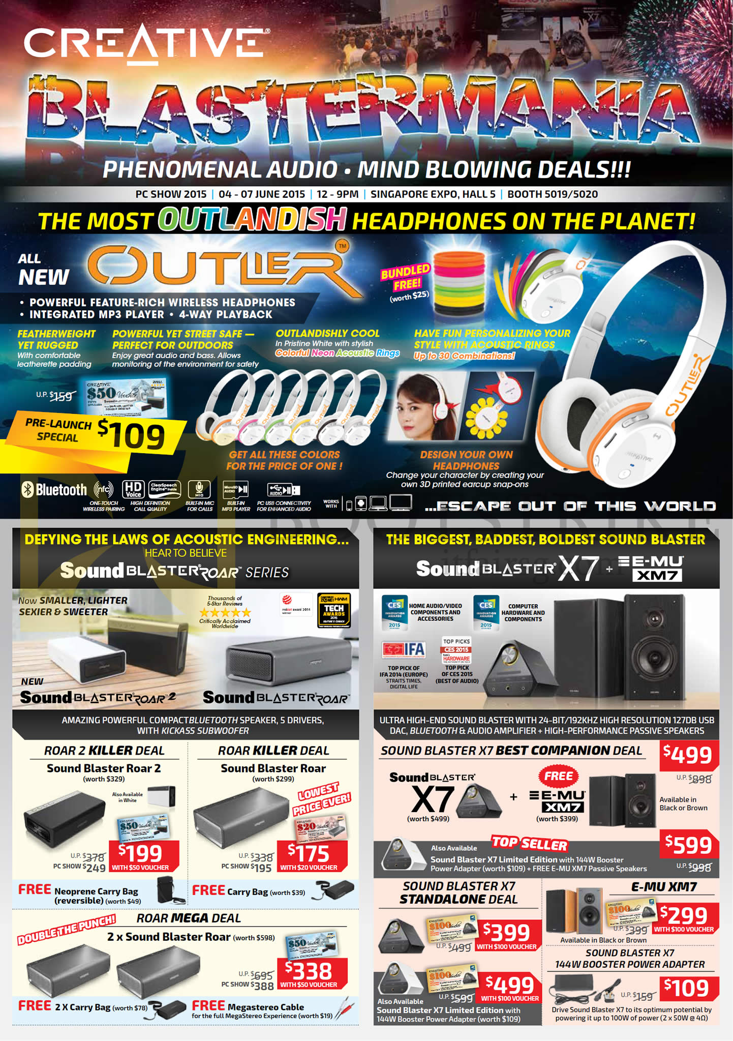 PC SHOW 2015 price list image brochure of Creative Speakers, Headphones, Outlier Headset, Sound Blaster Roar Series, X7, E-MU XM7