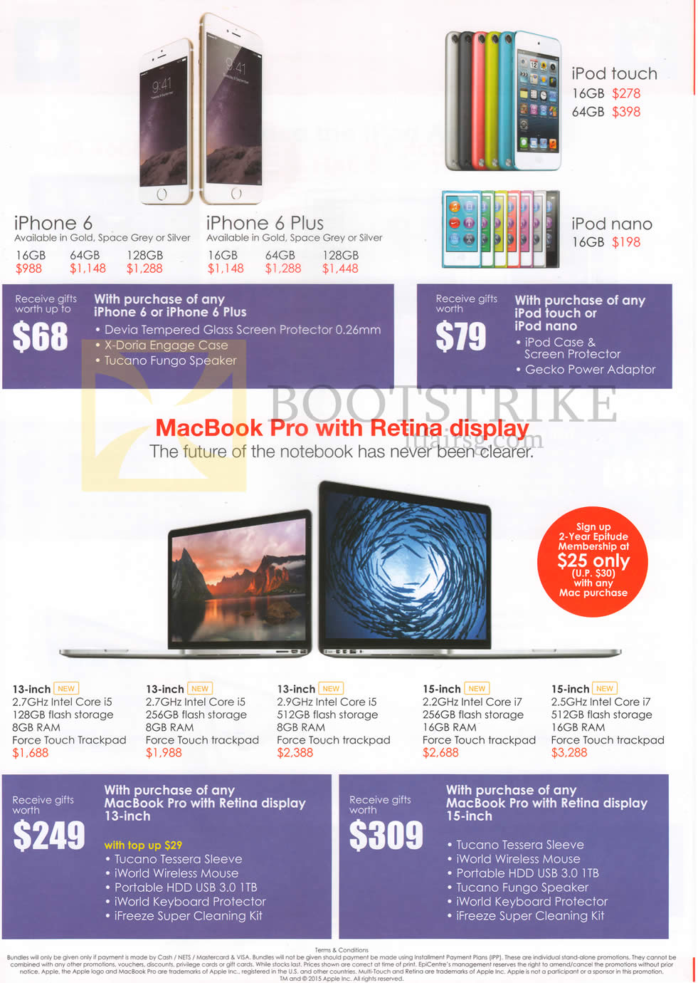 PC SHOW 2015 price list image brochure of EpiCentre Apple IPhone 6, IPhone 6 Plus, IPod Touch, IPod Nano, MacBook Pro, Purchase With Purchase