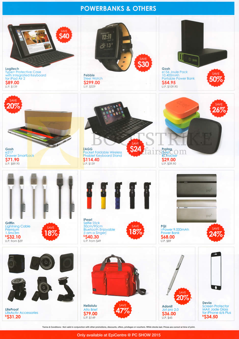 PC SHOW 2015 price list image brochure of EpiCentre Powerbanks, Lightning Cables, Keyboard Stand, Cases, LifeActiv Accessories, Devia Screen Protector