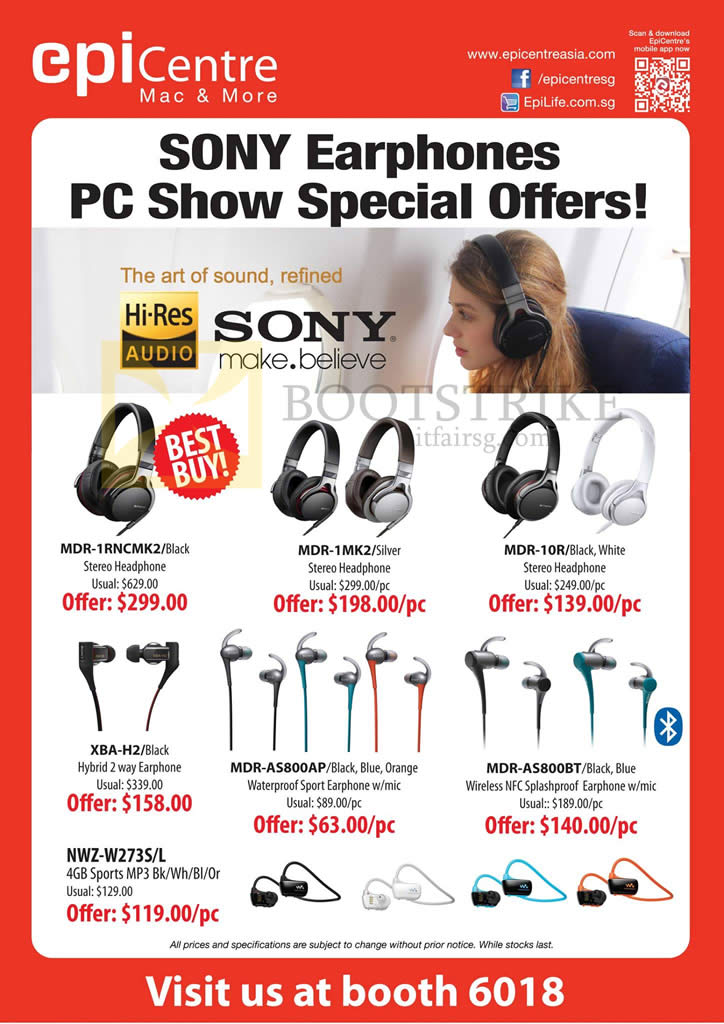 PC SHOW 2015 price list image brochure of Epicentre Sony Earphones Headphones MDR-1RNCMK2, 1MK2, 10R, XBA-H2, AS800AP, AS800BT, NWZ-W273S