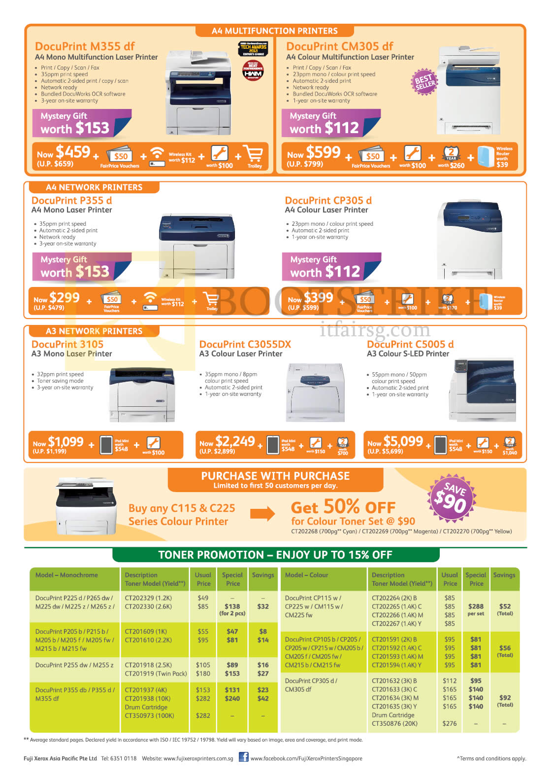 PC SHOW 2015 price list image brochure of Fuji Xerox Printers Laser, Toner, DocuPrint M355df, CM305df, P355d, CP305d, 3105, C3055DX, C5005d