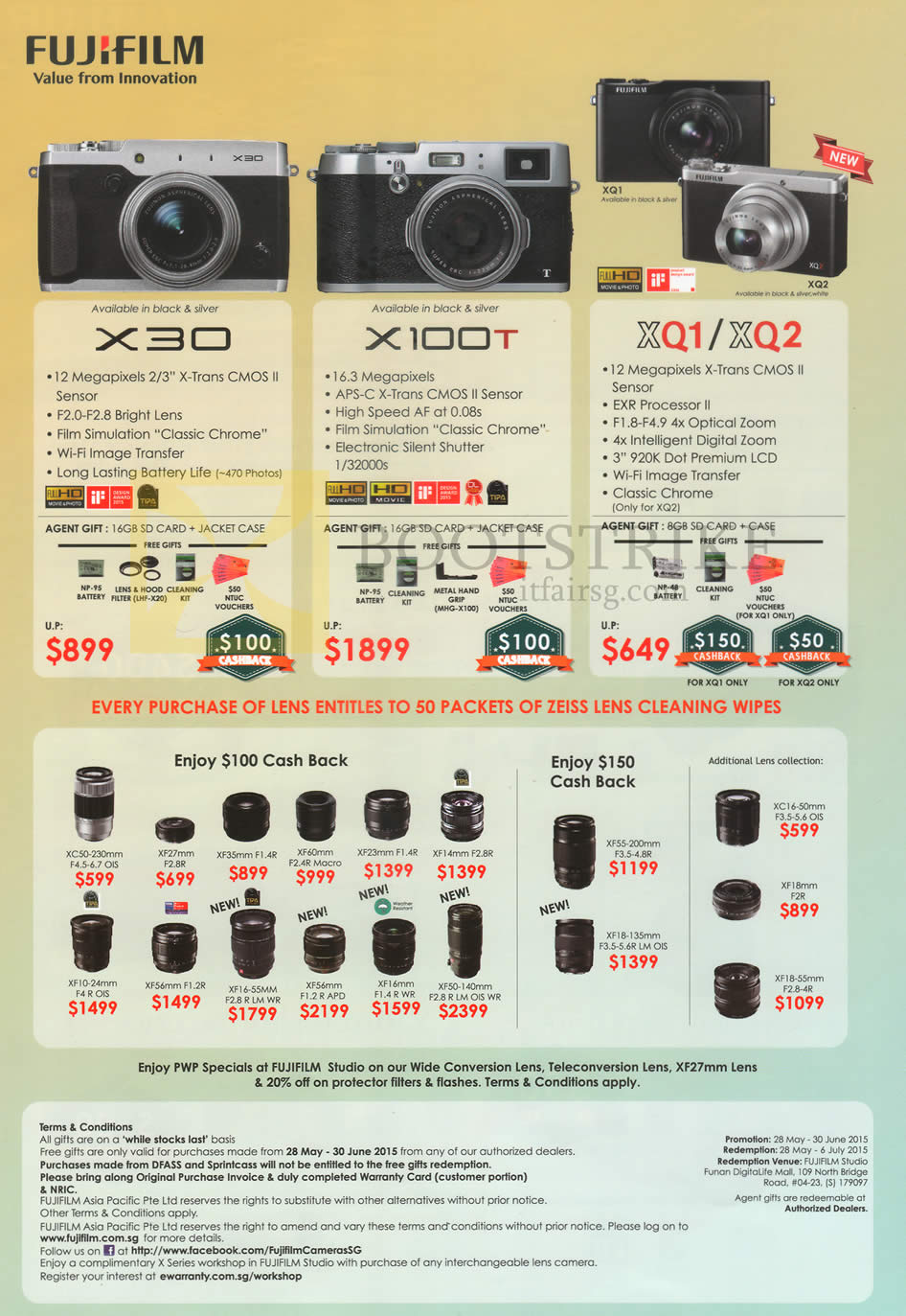 PC SHOW 2015 price list image brochure of Fujifilm Digital Cameras X30, X100T, XQ1, XQ2, Lenses. Lens Cleaning Wipes