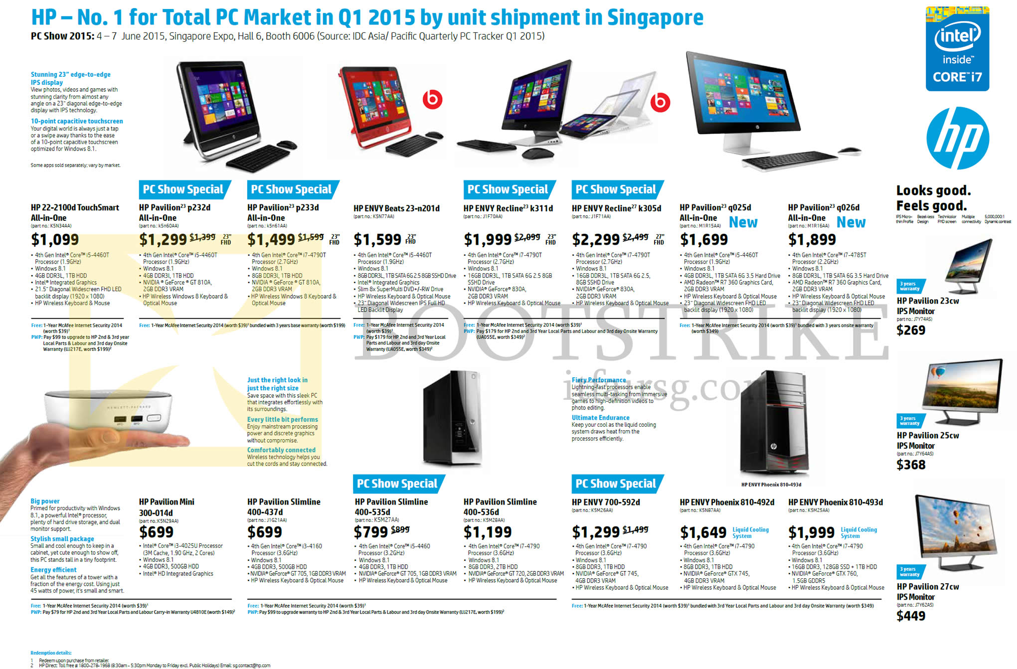 PC SHOW 2015 price list image brochure of HP Desktop PCs Pavilion, TouchSmart, Envy Beats, Recline, Phoenix, Monitors