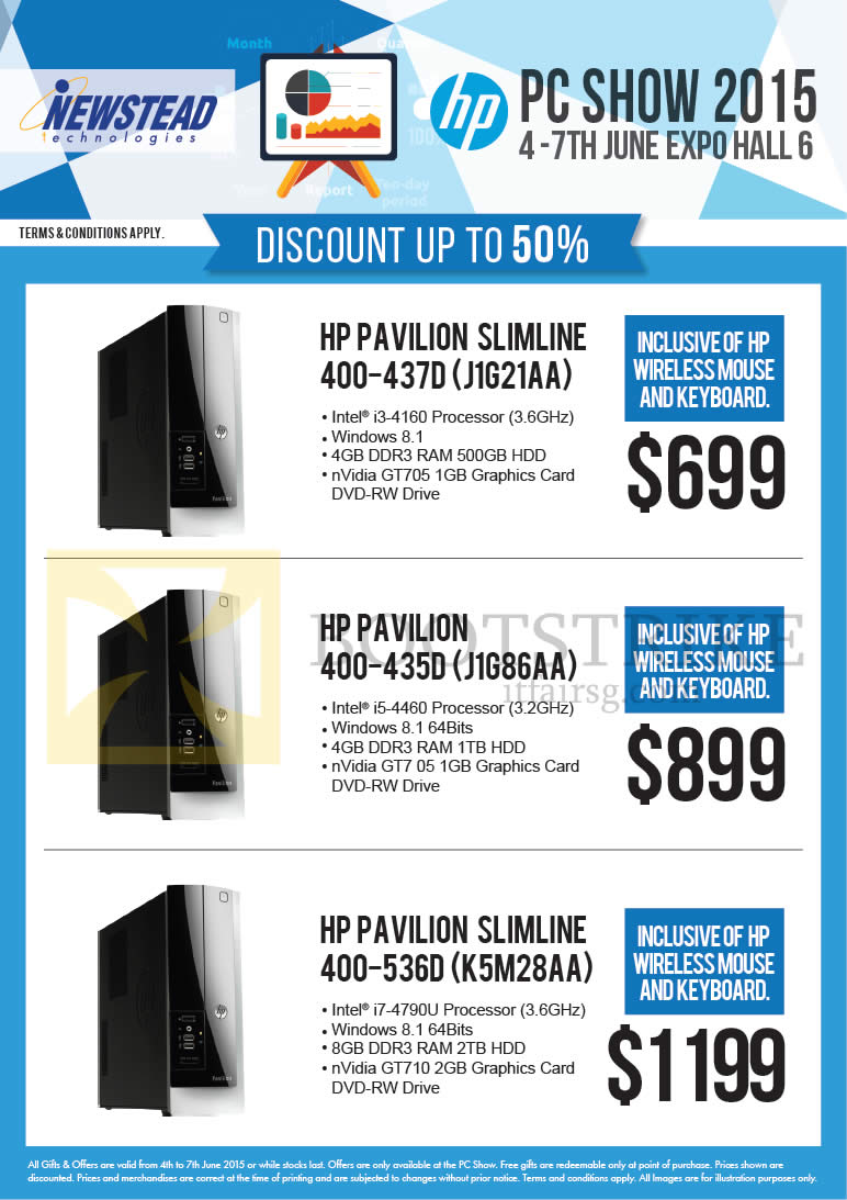 PC SHOW 2015 price list image brochure of HP Newstead Desktop PCs Pavilion Slimline 400-437D J1G21AA, 400-435D J1G86AA, 400-536D K5M28AA