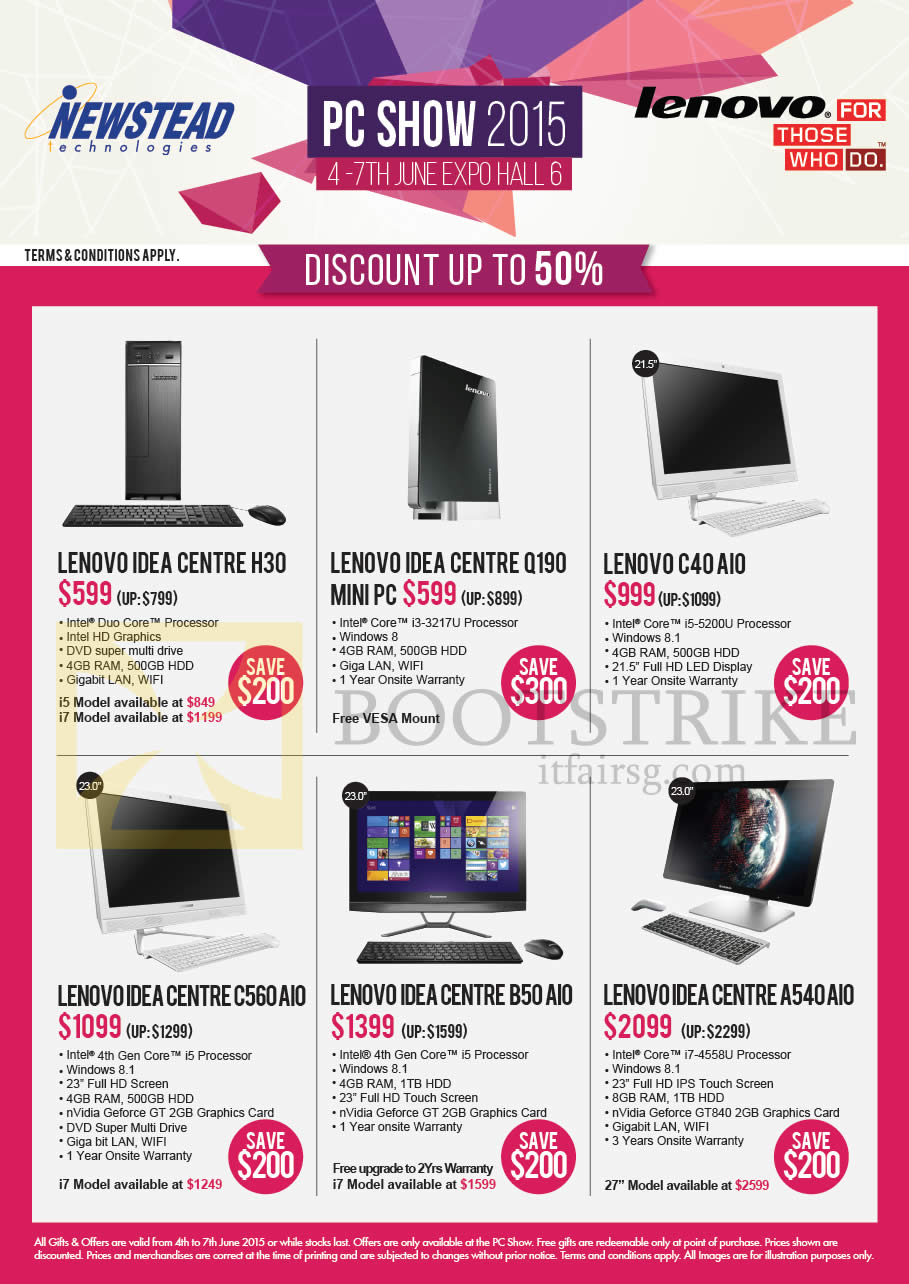 PC SHOW 2015 price list image brochure of Lenovo Newstead Desktop PCs, AIO Desktop PCs, Ideacentre H30, Q190, C40, C560, B50, A540