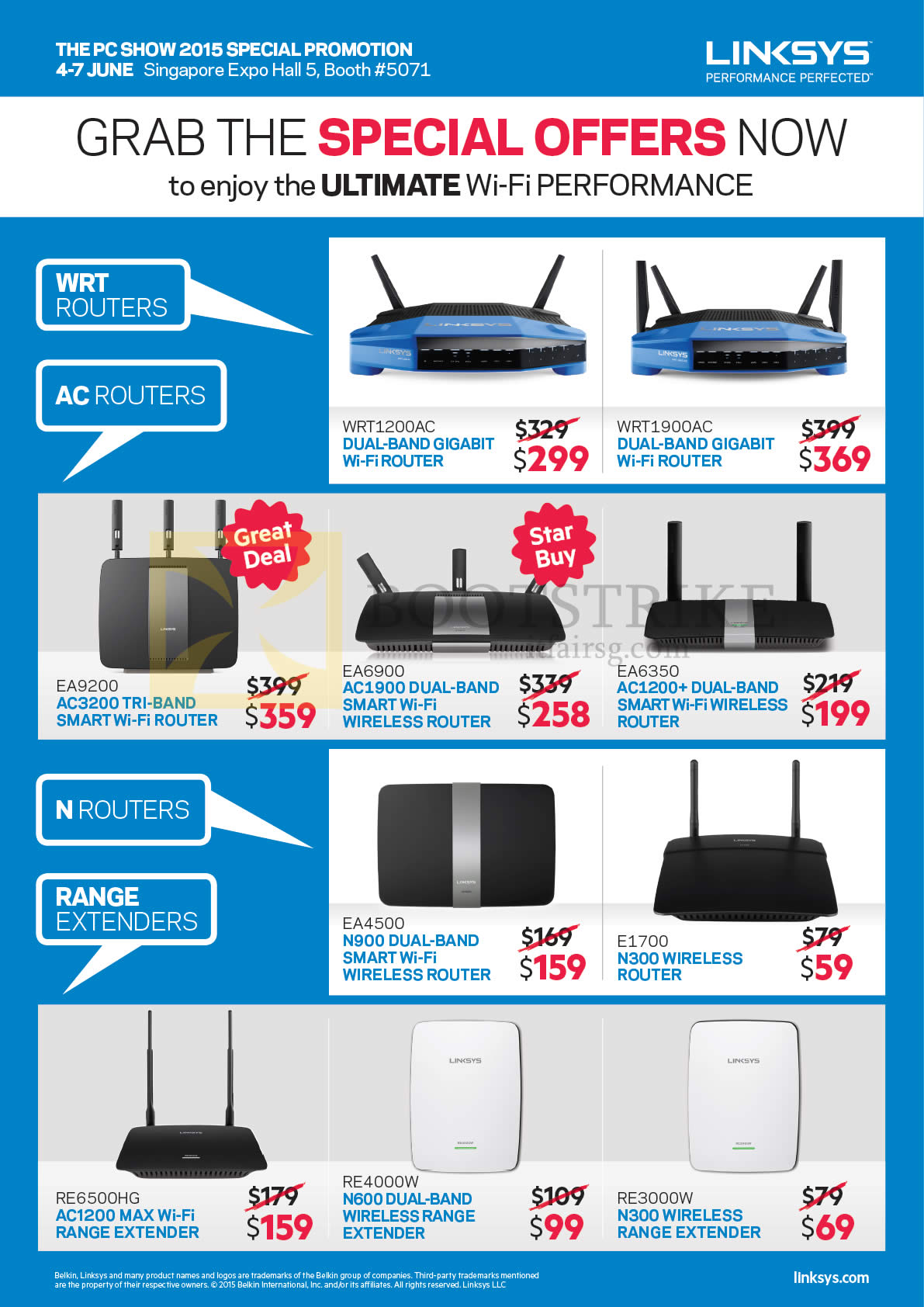 PC SHOW 2015 price list image brochure of Linksys Networking Routers, Range Extenders, WRT1200AC, WRT1900AC, EA9200, EA6900, EA6350, EA4500, E1700, RE6500HG, RE4000W, RE3000W