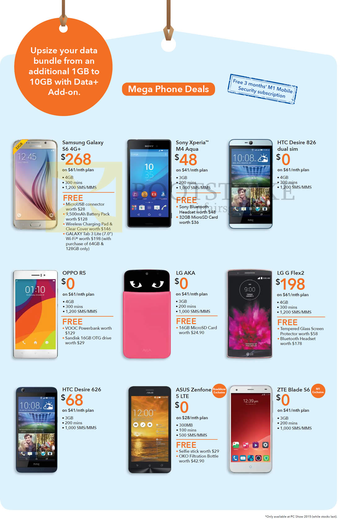 PC SHOW 2015 price list image brochure of M1 Samsung Galaxy S6, Sony Xperia M4 Aqua, HTC Desire 826 626, Oppo R5, LG AKA G Flex 2, ASUS Zenfone 5 LTE, ZTE Blade S6