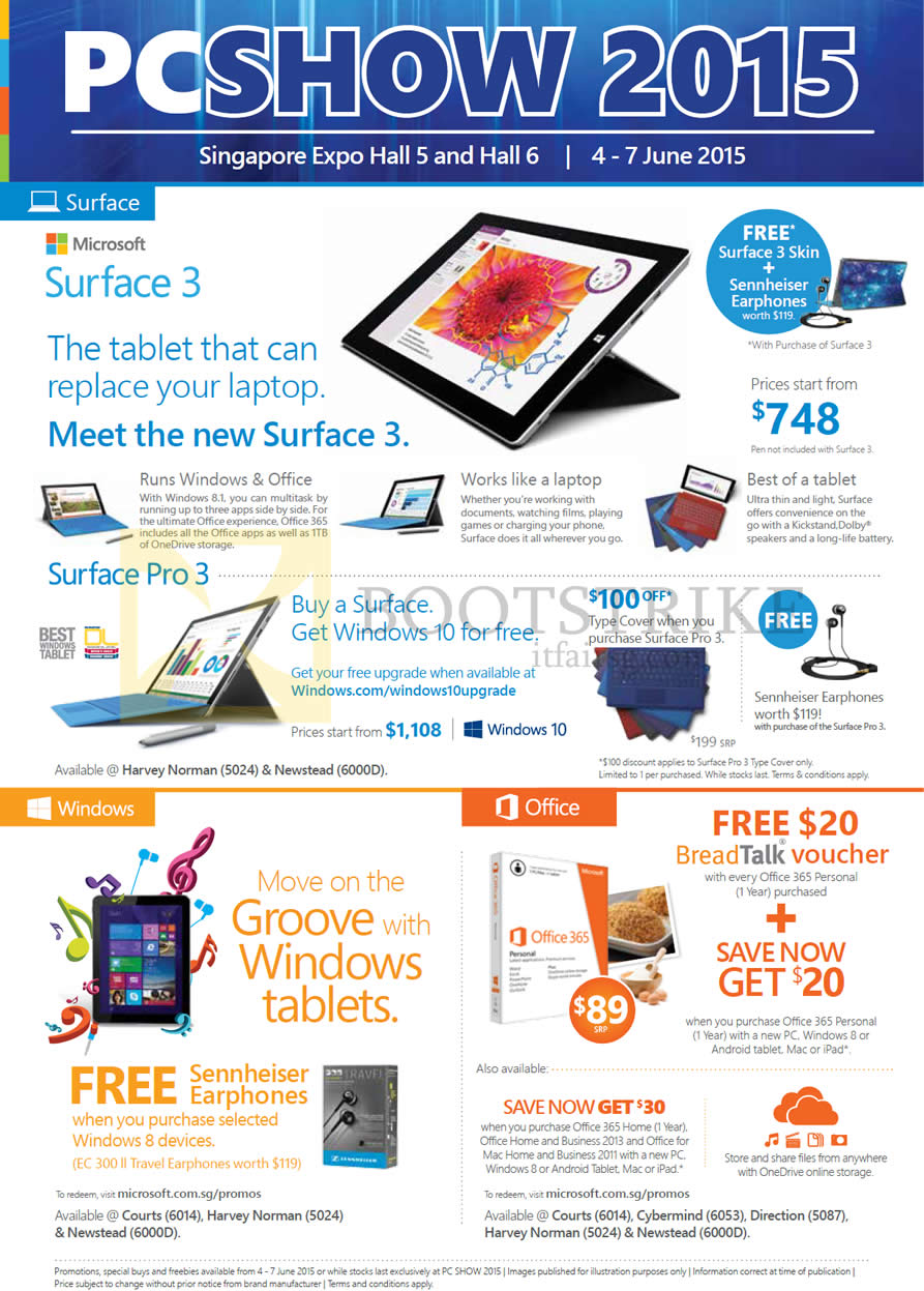 PC SHOW 2015 price list image brochure of Microsoft Surface 3 Tablet, Surface Pro 3, Office 365 Personal Home Business 2013 Mac 2011