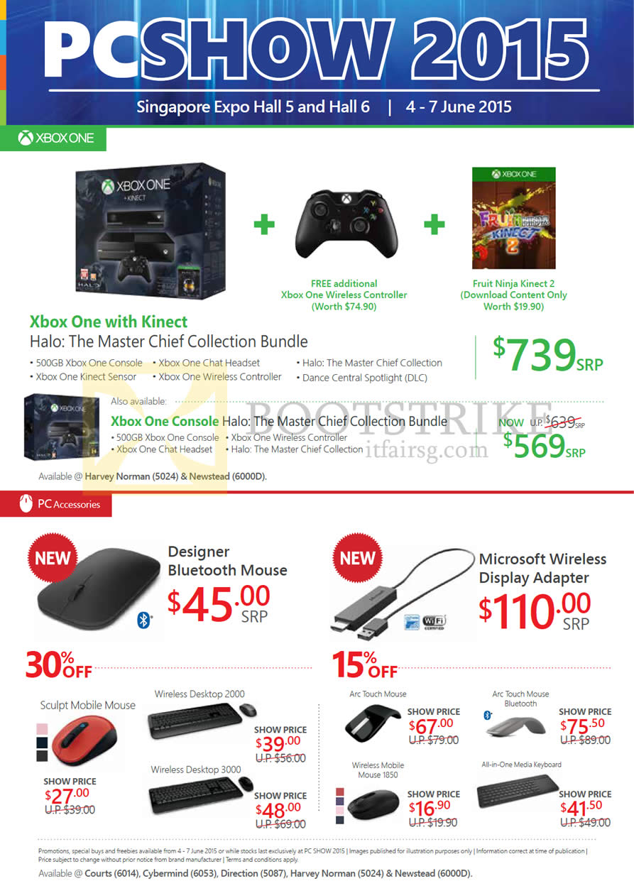 PC SHOW 2015 price list image brochure of Microsoft Xbox One With Kinect Consoles, Games, Designer Mouse, Wireless Adapter, Sculpt, Arc Touch