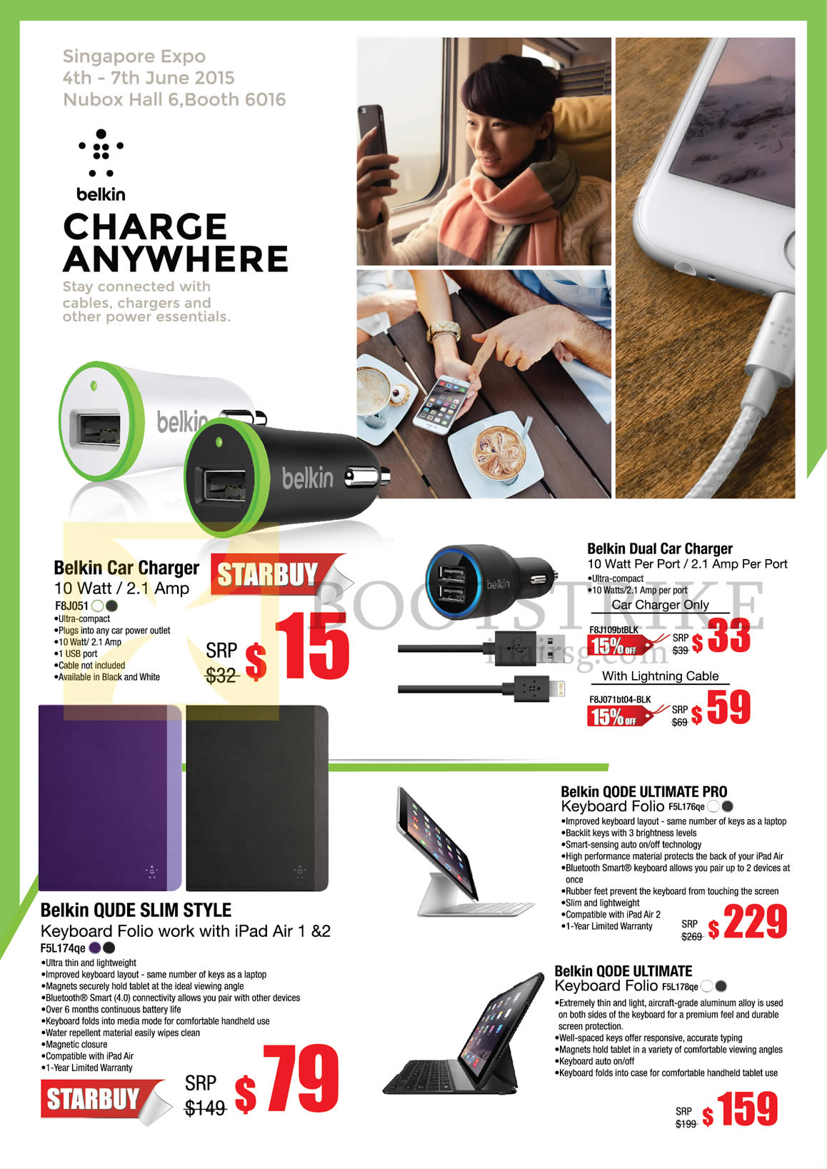 PC SHOW 2015 price list image brochure of Nubox Belkin Car Charger, Qode Ultimate Pro Keyboard Folio, Qode Ultimate, Slim Style Folio IPad Air