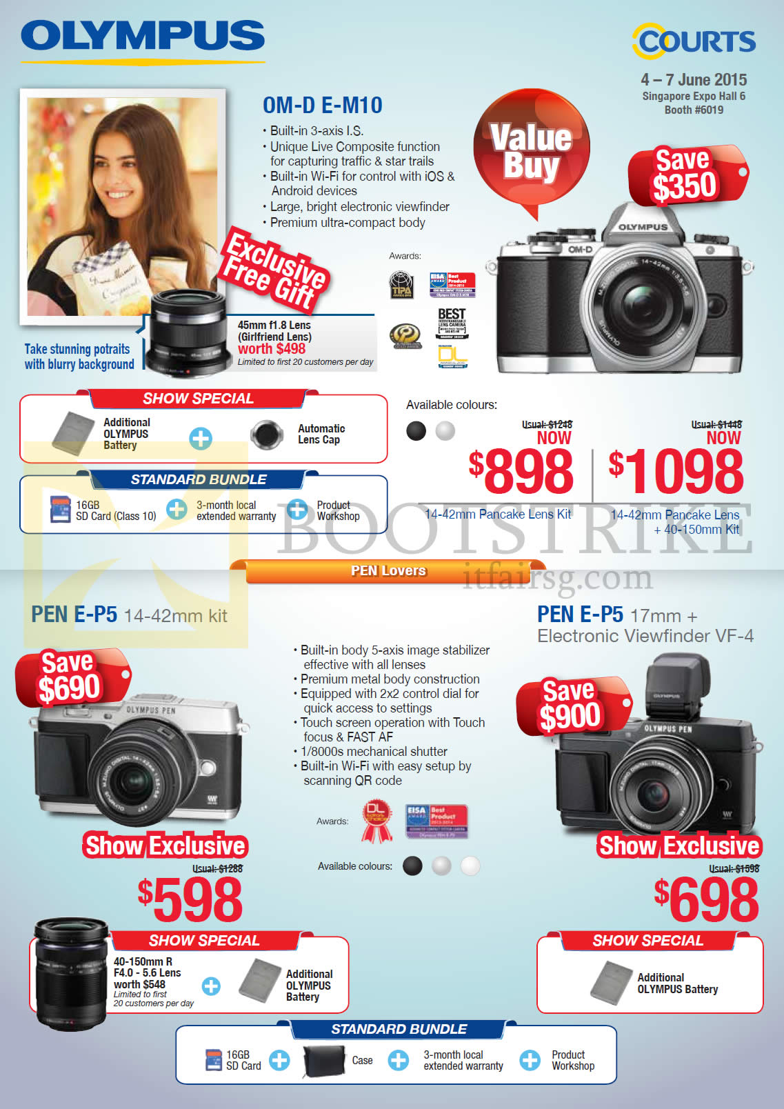 PC SHOW 2015 price list image brochure of Olympus Digital Cameras OM-D E-M10, Pen E-P5, Pen E-P5