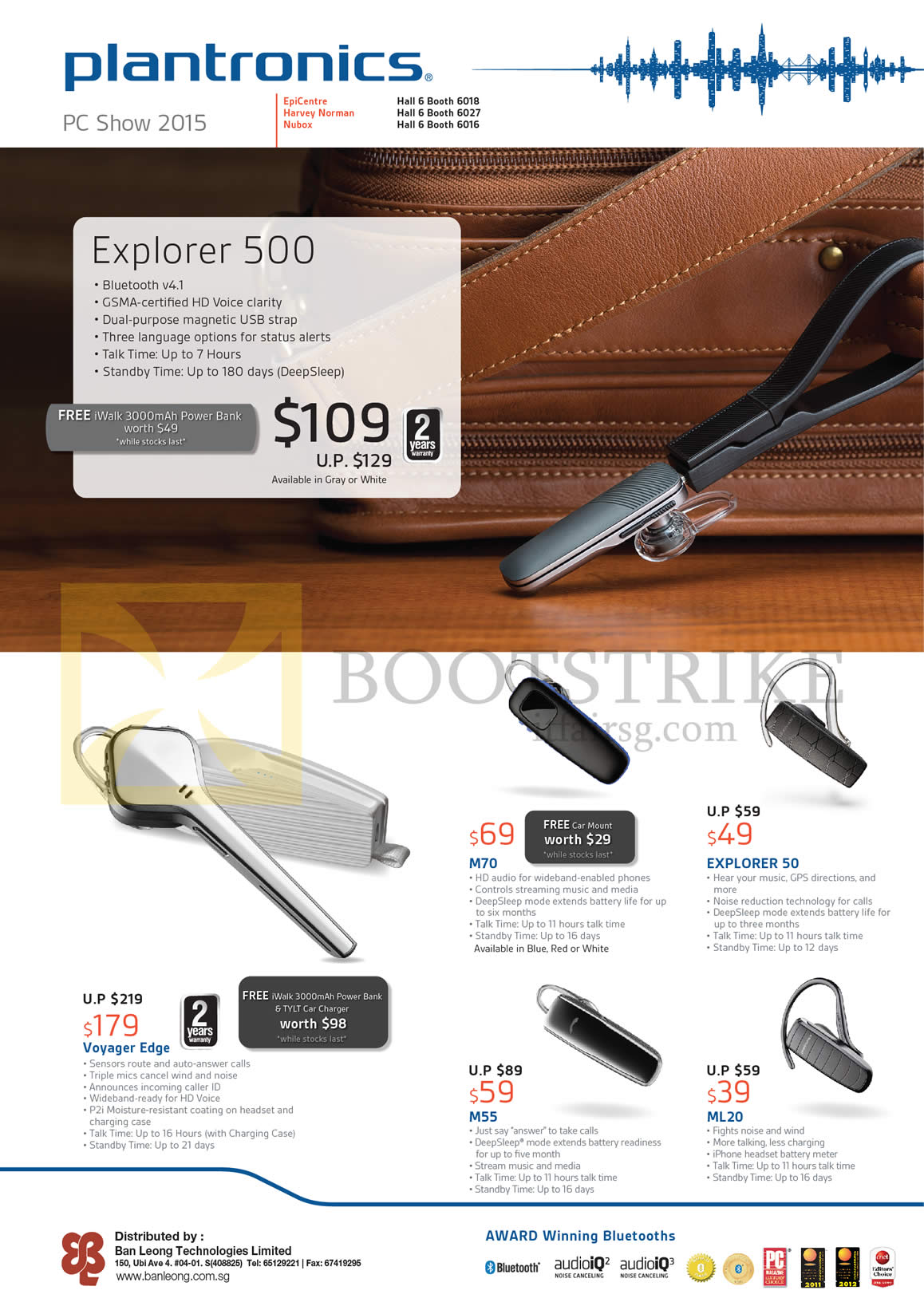 PC SHOW 2015 price list image brochure of Plantronics Bluetooth Headsets Explorer 500, Voyager Edge, M70 M55, Explorer 50, ML20