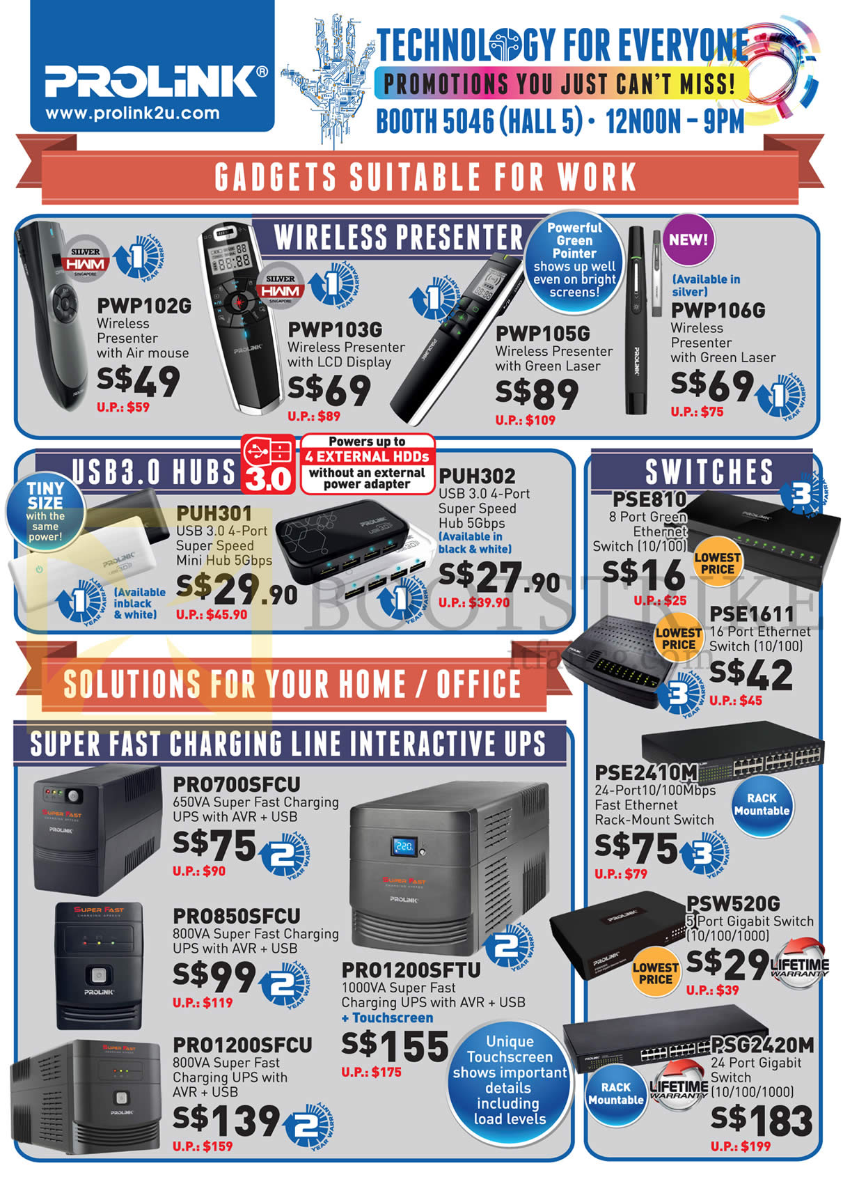 PC SHOW 2015 price list image brochure of Prolink Wireless Presenter, USB3.0 Hubs, Switches, UPS, PWP102G, PWP103G, PWP105G, PUH302, PUH301, PRO700SFCU