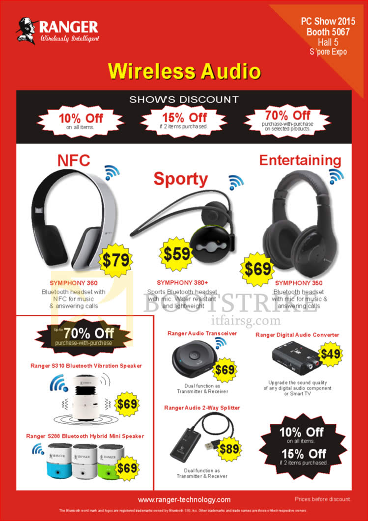 PC SHOW 2015 price list image brochure of Ranger Wireless Headsets, Symphony 360 380 Plus 350, Audio Transceiver, Digital Audio Converter, Splitter