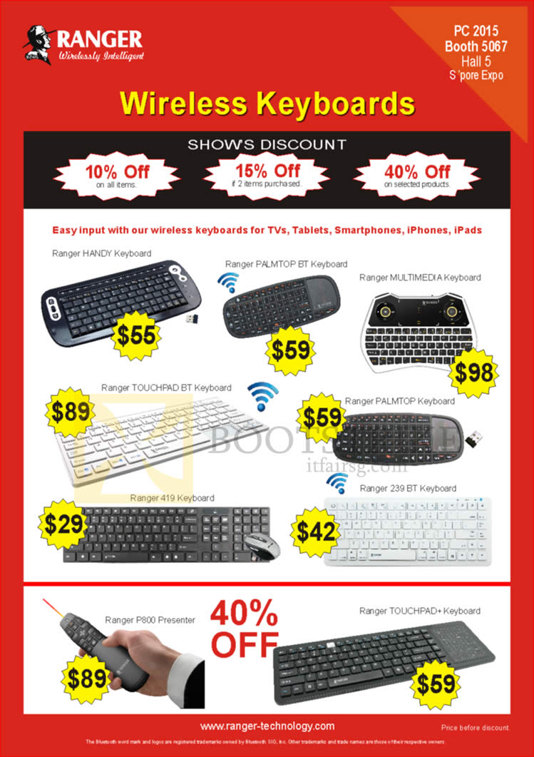 PC SHOW 2015 price list image brochure of Ranger Wireless Keyboards, Handy Palmtop Multimedia Touchpad, P800 Presenter