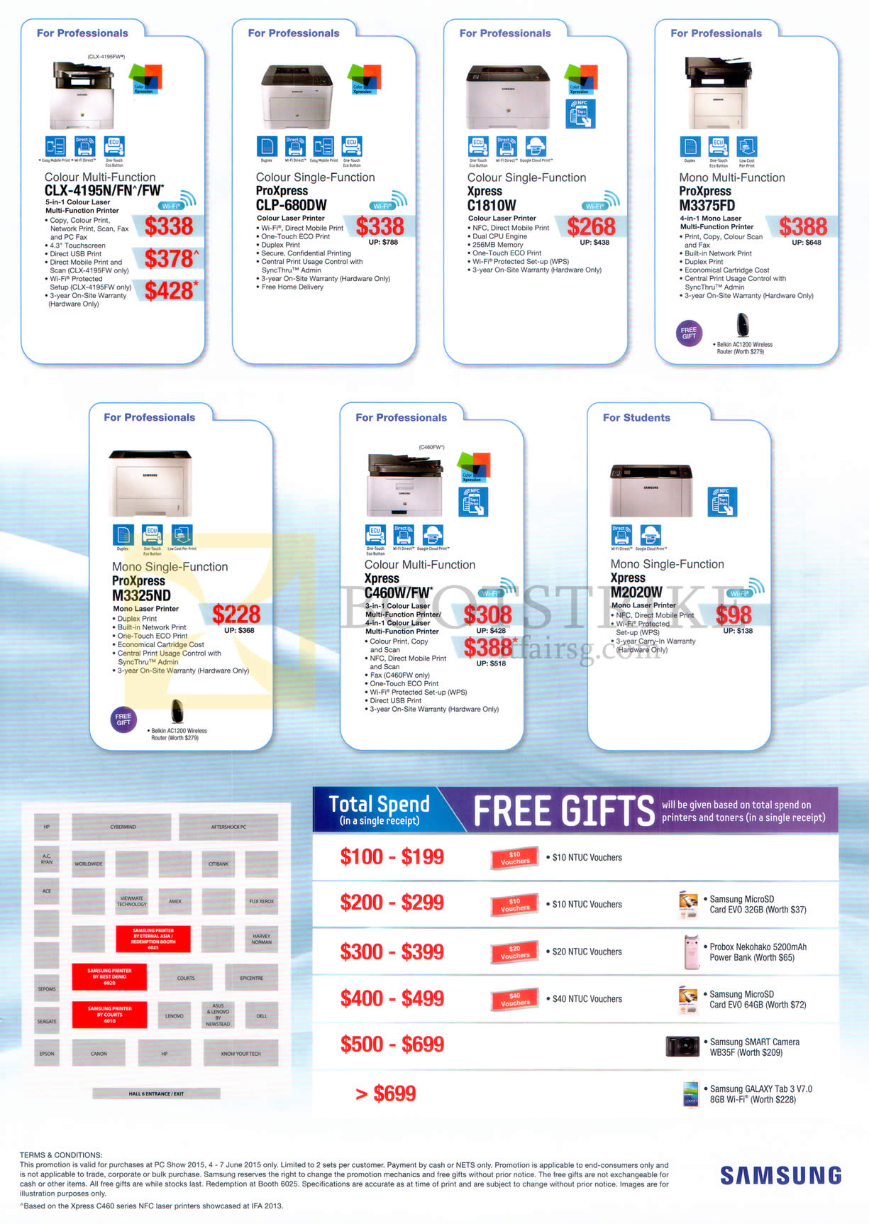 PC SHOW 2015 price list image brochure of Samsung Printers Laser Colour ProXpress Xpress CLX-4195N, 4195FN, 4195FW, CLP-680DW, C1810W, M3375FD, M3325ND, C460W, C460FW, M2020W