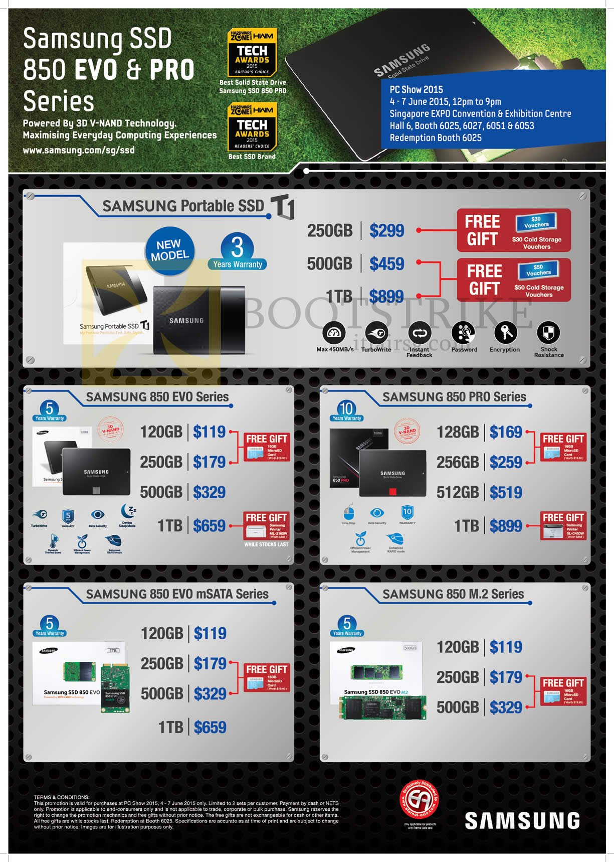 PC SHOW 2015 price list image brochure of Samsung SSD Portable, 850 Evo, Pro, MSATA, M2, 120GB 250GB 500GB 512GB 1TB