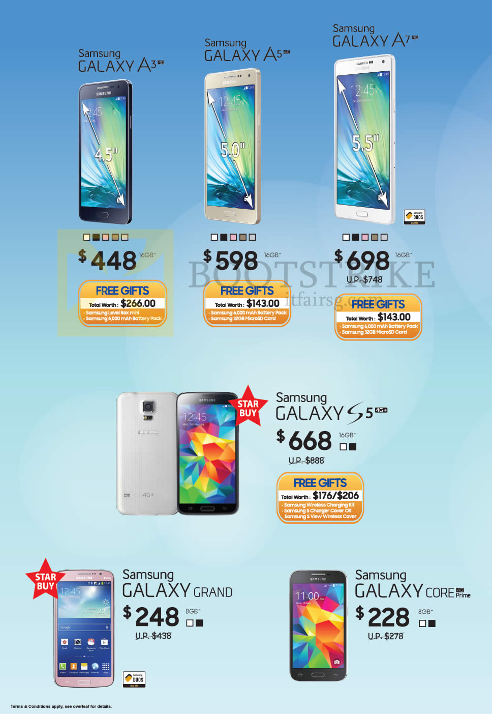 PC SHOW 2015 price list image brochure of Samsung Smartphones Galaxy A3, A5, A7, S5. Grand, Core