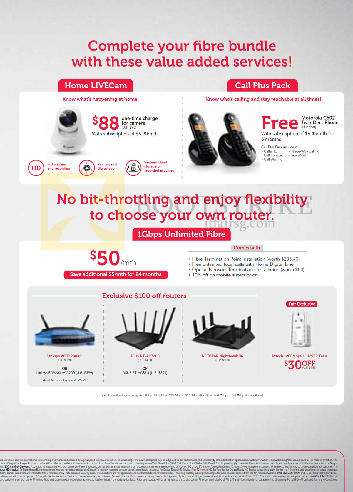 PC SHOW 2015 price list image brochure of Singtel 1Gbps Unlimited Fibre 50.00, Routers, Fibre Addons Home Livecam, Call Plus Pack