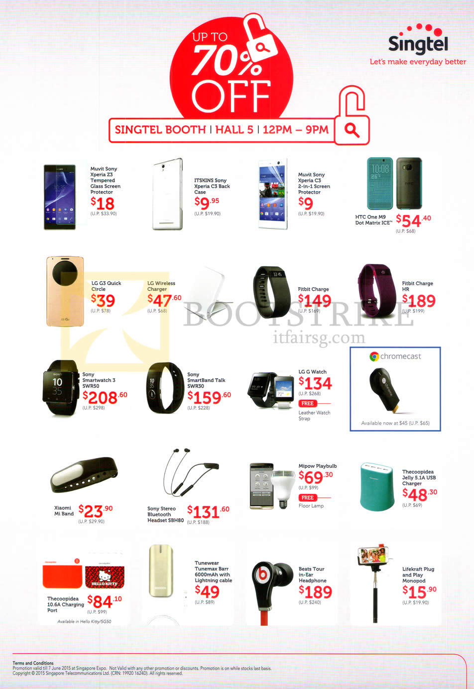 PC SHOW 2015 price list image brochure of Singtel Accessories Cases, Chargers, Fitbit Charge, Sony Smartwatches, LG G Watch, Bluetooth Headset, USB Charger, Charging Port, Lightning Cables, Beats Headphones, Monopod