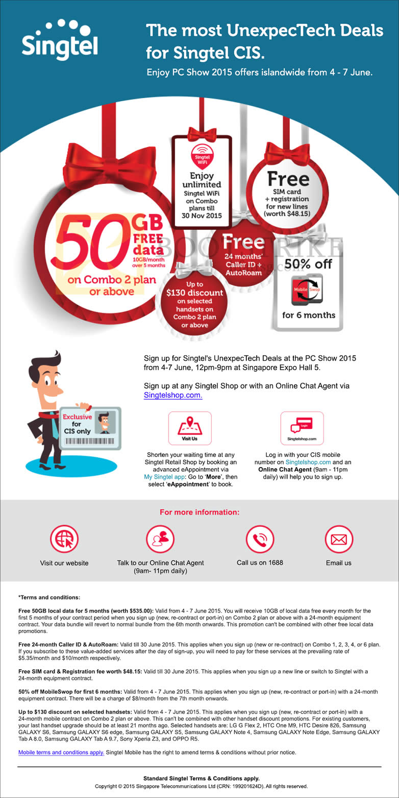 PC SHOW 2015 price list image brochure of Singtel CIS Free 50GB Free Data, Caller ID, AutoRoam, SIM Card, Registration