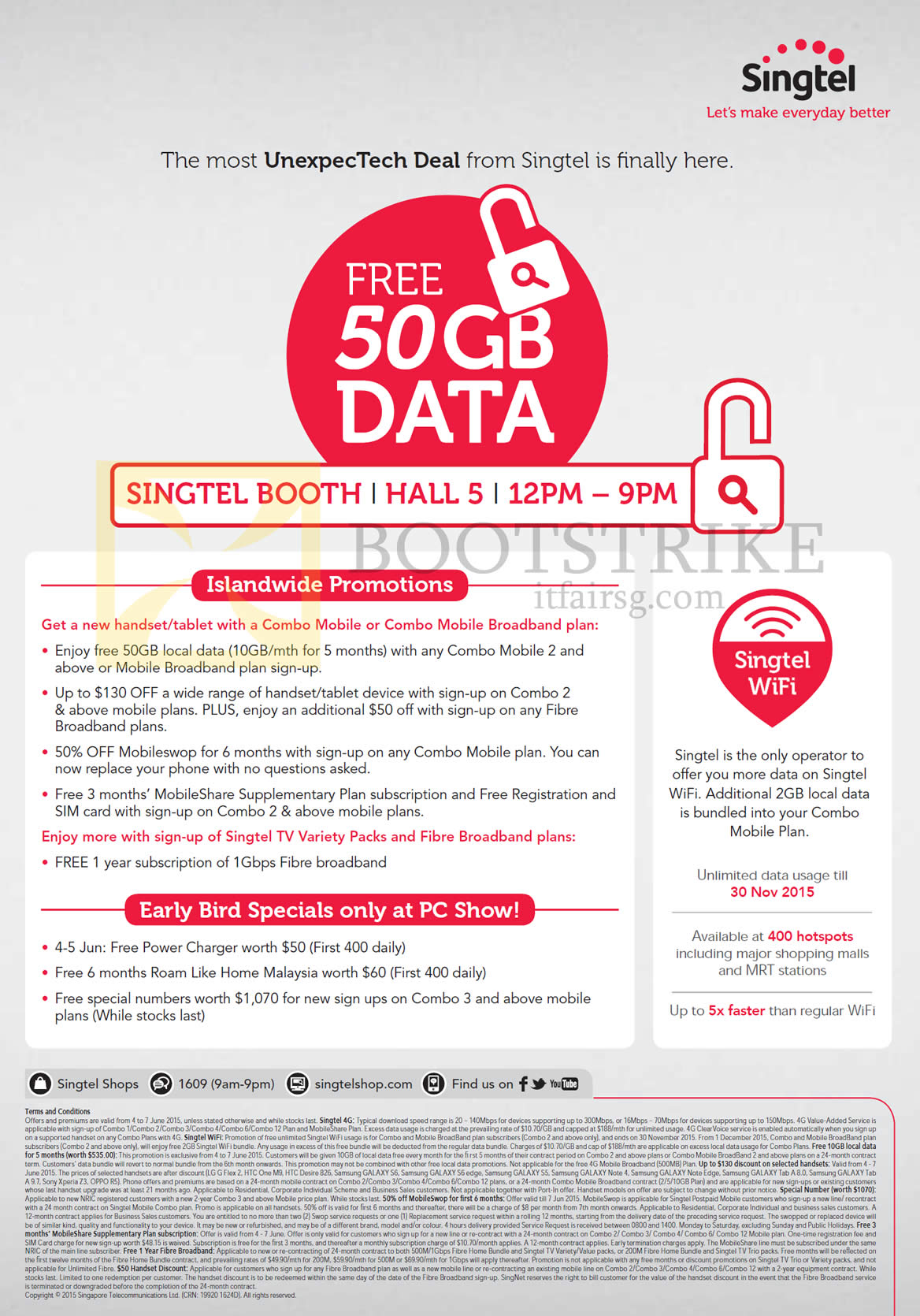 PC SHOW 2015 price list image brochure of Singtel Highlights, Early Bird Specials, UnexpecTech Deals