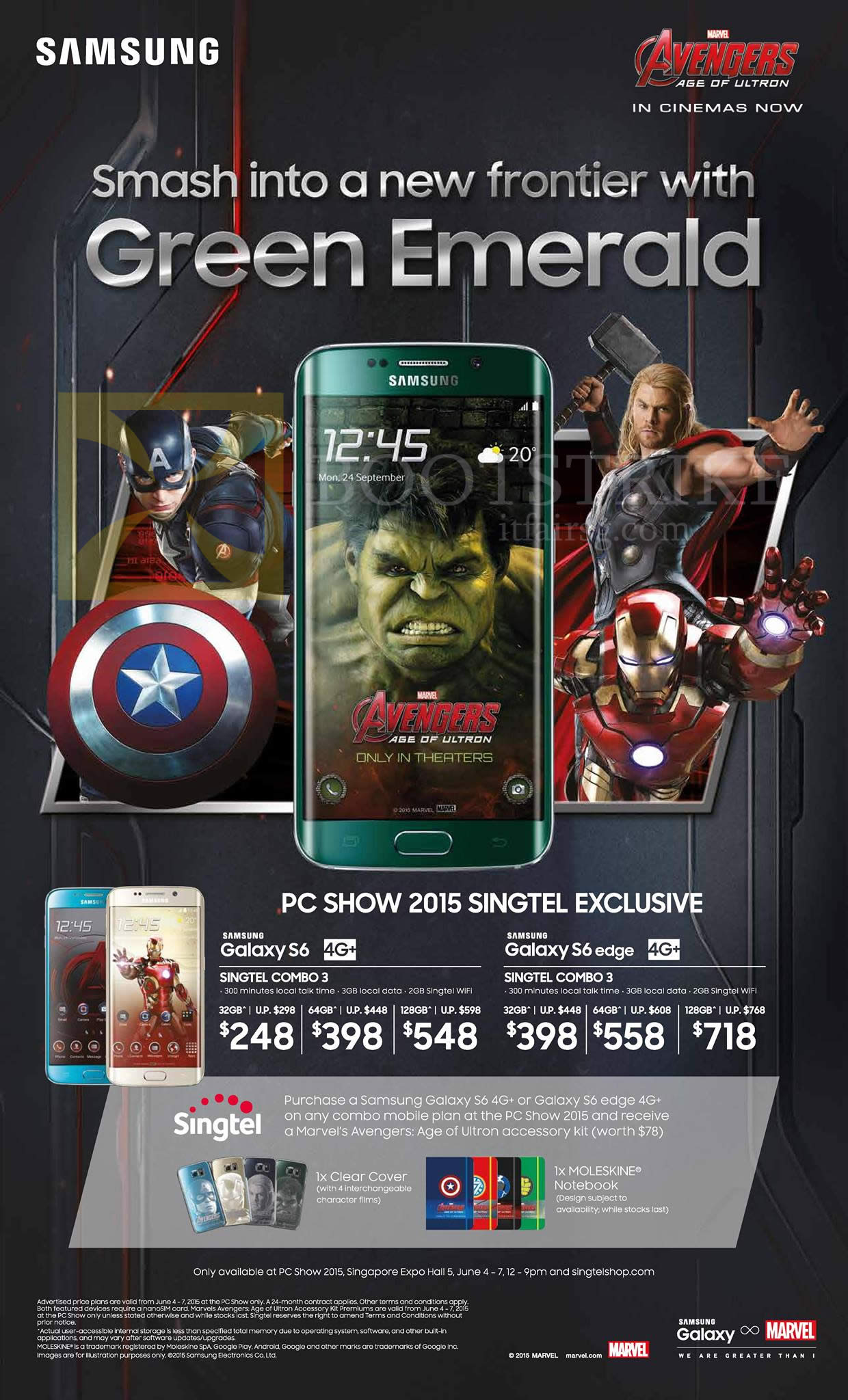 PC SHOW 2015 price list image brochure of Singtel Mobile Samsung Galaxy S6 Green Emerald