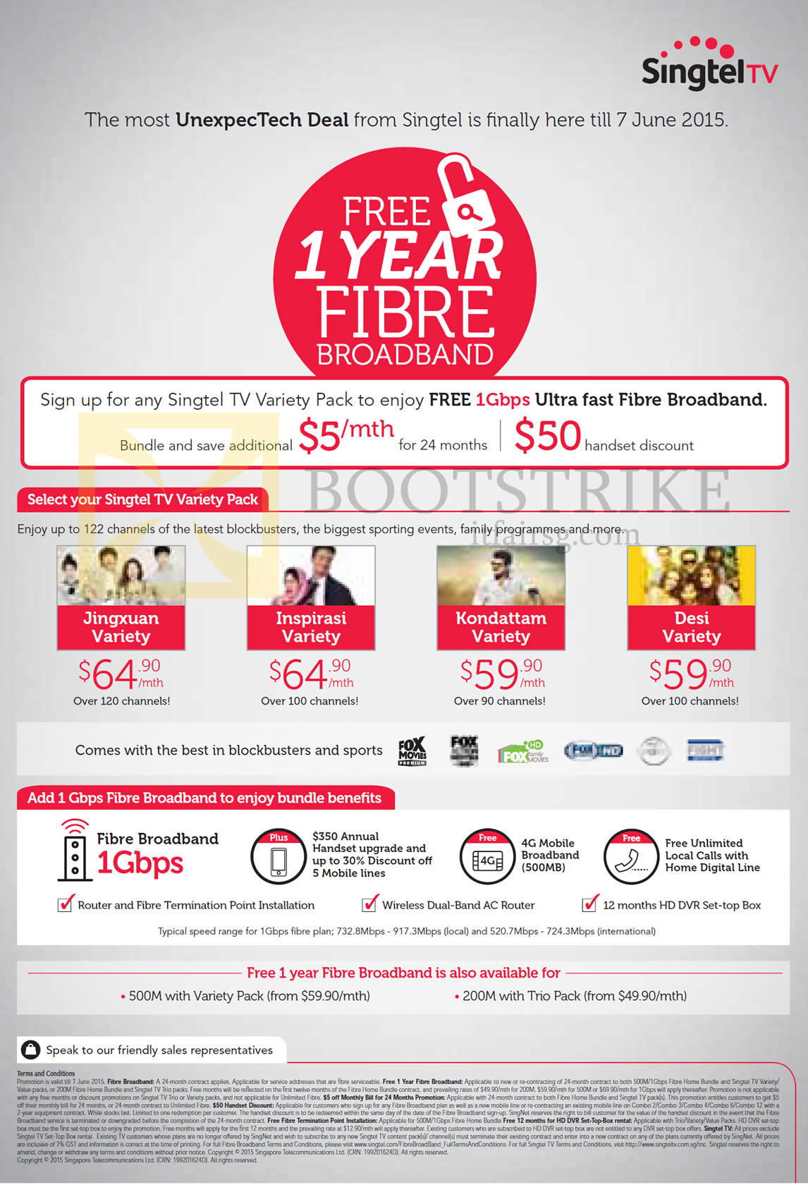 PC SHOW 2015 price list image brochure of Singtel TV Variety Packs Free 1Gbps Fibre Broadband