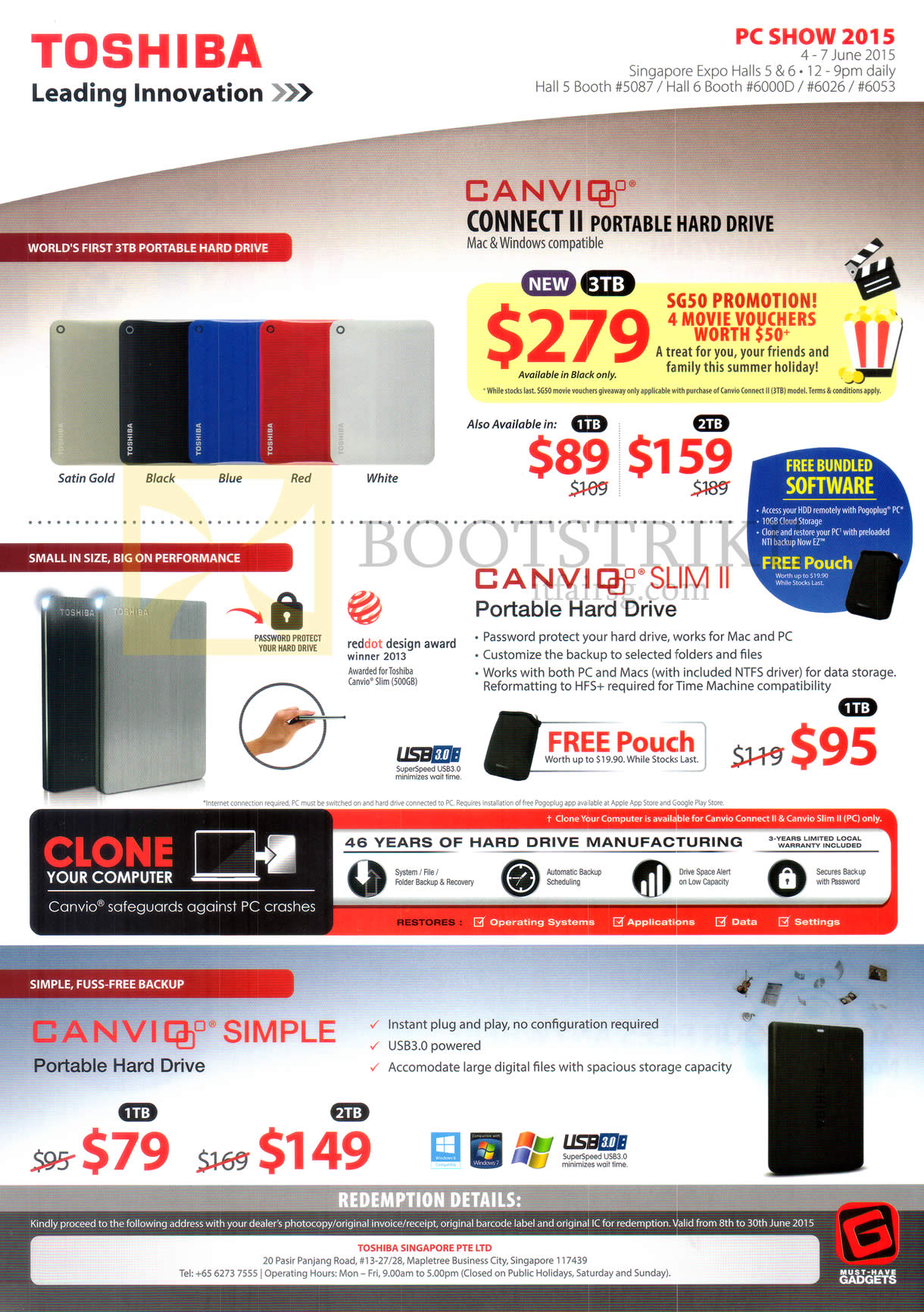 PC SHOW 2015 price list image brochure of Toshiba Hard Disk Drives Connect II 1TB 2TB 3TB, Canvio Slim II, Simple