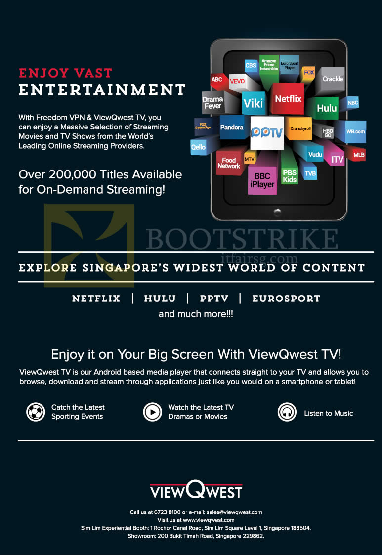 PC SHOW 2015 price list image brochure of ViewQwest TV, Freedom VPN, Netflix, Hulu, PPTV, Eurosport