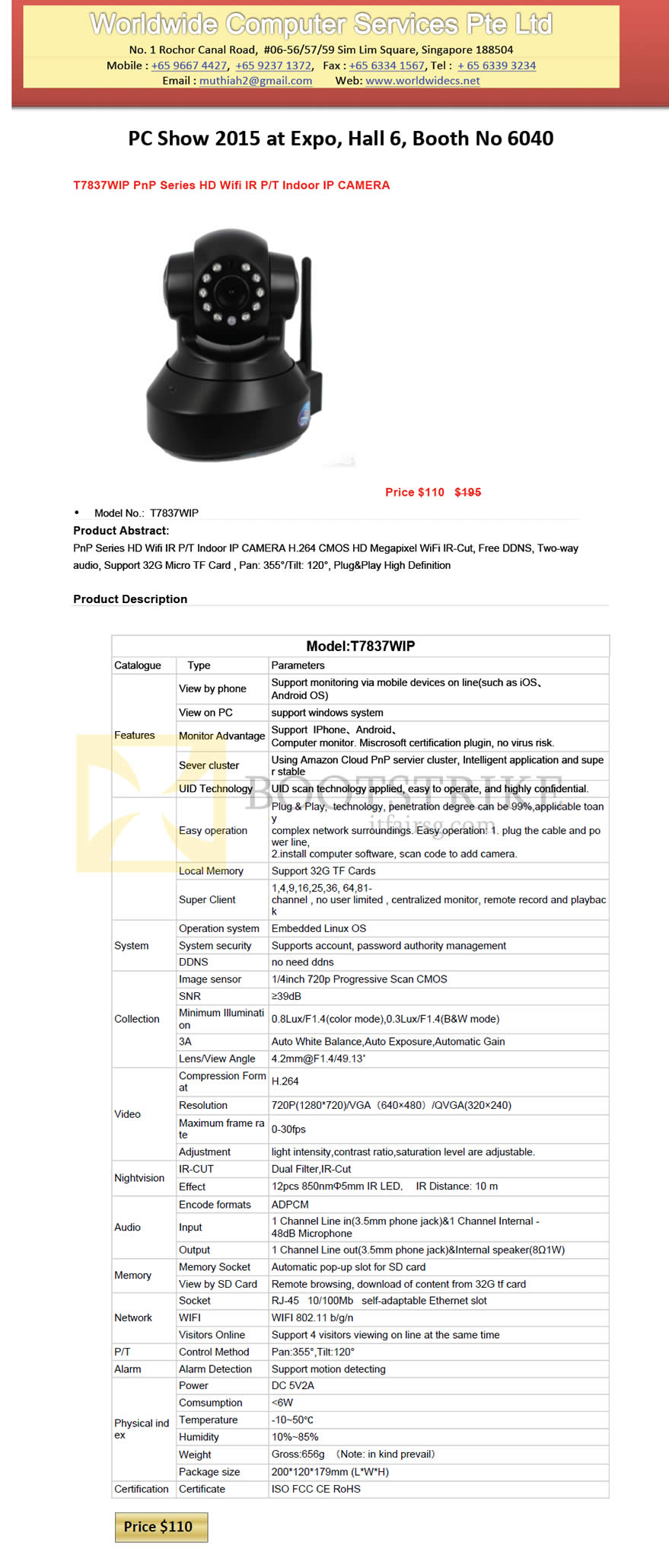 PC SHOW 2015 price list image brochure of Worldwide Computer Services IP Camera T7837WIP