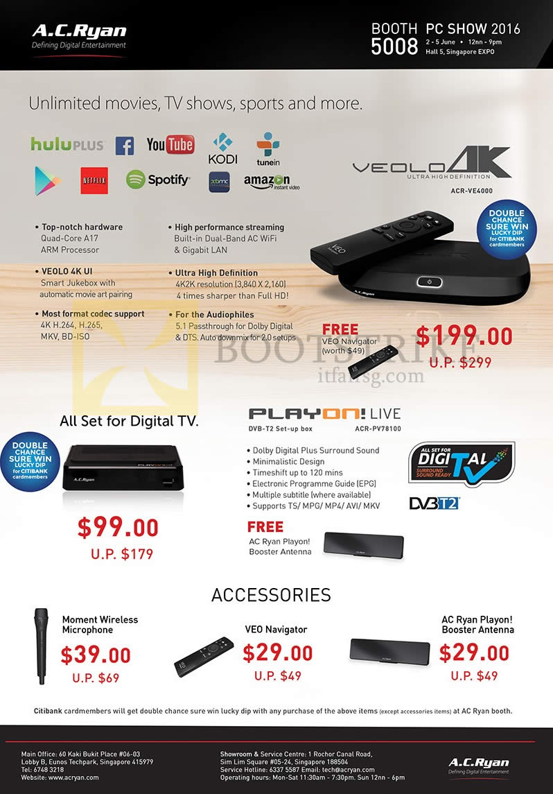 PC SHOW 2016 price list image brochure of AC Ryan Veolo 4K ACR-VE4000, Playon Live ACR-PV78100, Accessories