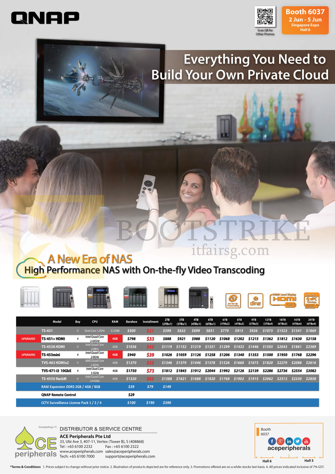 PC SHOW 2016 price list image brochure of ACE Peripherals NAS QNAP TS-431, 451, 451Plus, 453AHDMI, TVS-453mini, TVS 463, TVS 471, TS-453U Rack M, RAM Expansion DDR3, QNAP Remote Control, CCTV