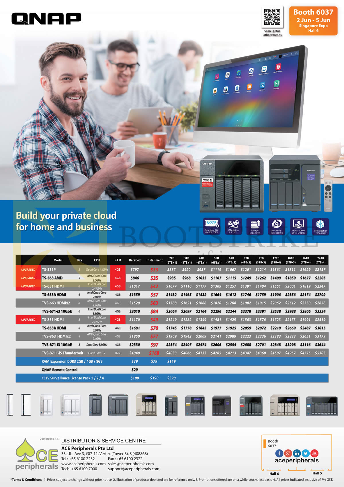 PC SHOW 2016 price list image brochure of ACE Peripherals Private Cloud QNAP TS-531P, 563 AMD, 651 HDMI, 653A HDMI, TVS 663 HDMIx2, 671-i3 10GbE, 851, 853A, 863, 871-i3, 871T-i5 Thunderbolt