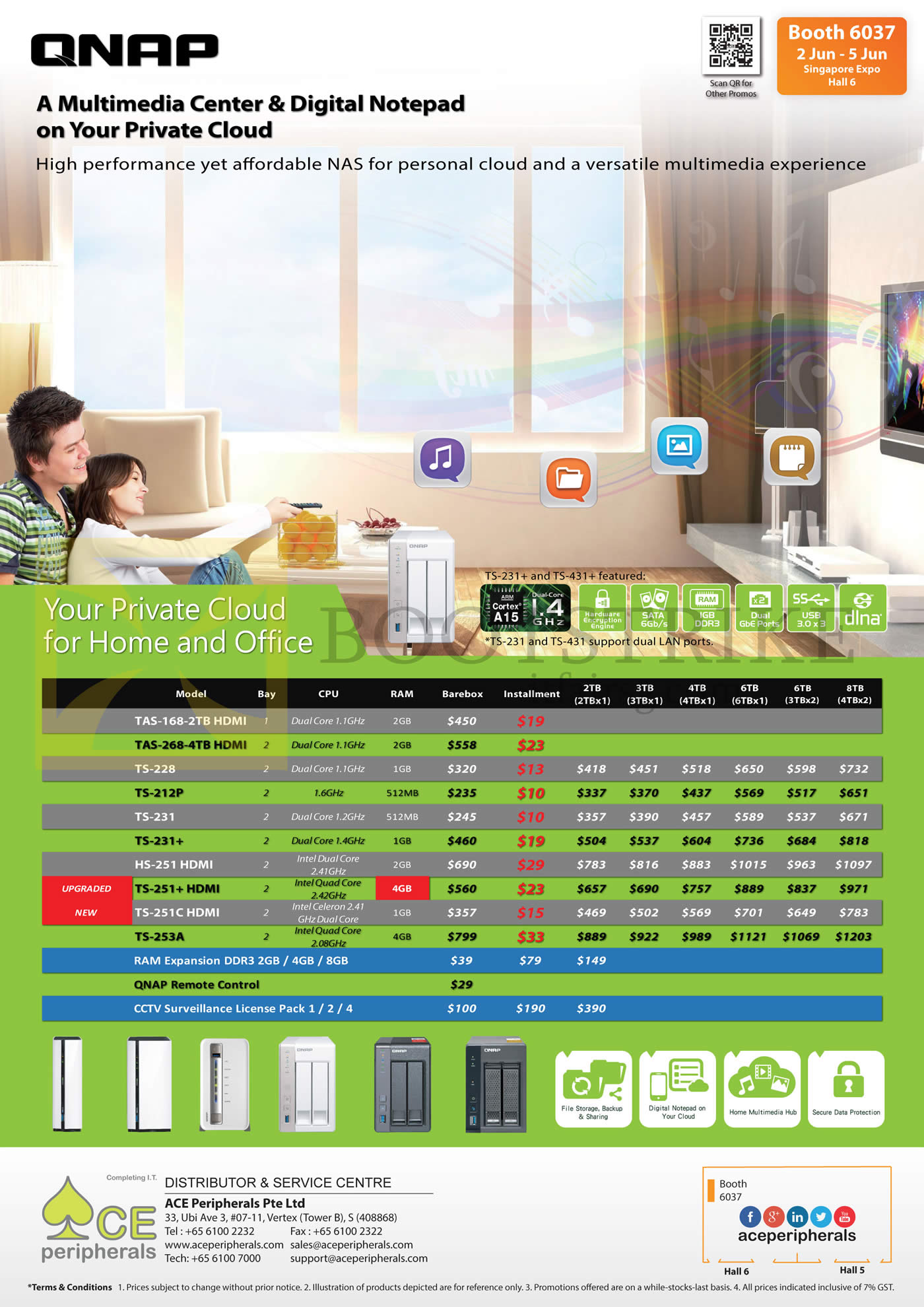 PC SHOW 2016 price list image brochure of ACE Peripherals QNAP Private Cloud TAS-168, 268, 212p, 228, 231, 231Plus, 251, 251Plus, 251C, 253A, RAM Expansion DDR3, QNAP Remote Controls, CCTV