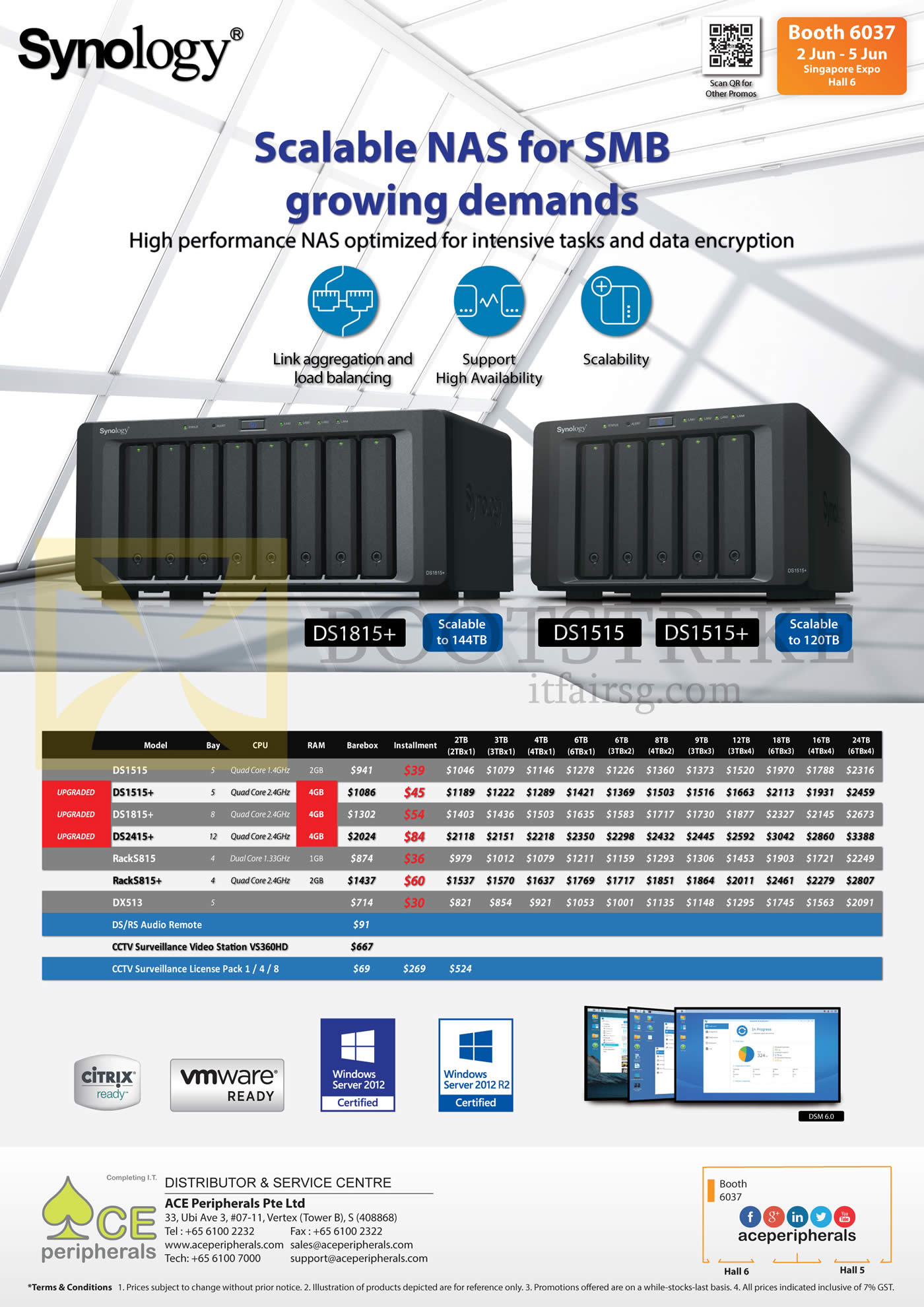 PC SHOW 2016 price list image brochure of ACE Peripherals Synology NAS DS1515, 1515Plus, 1815Plus, 2415Plus, Rack5815, 5815plus, DX513