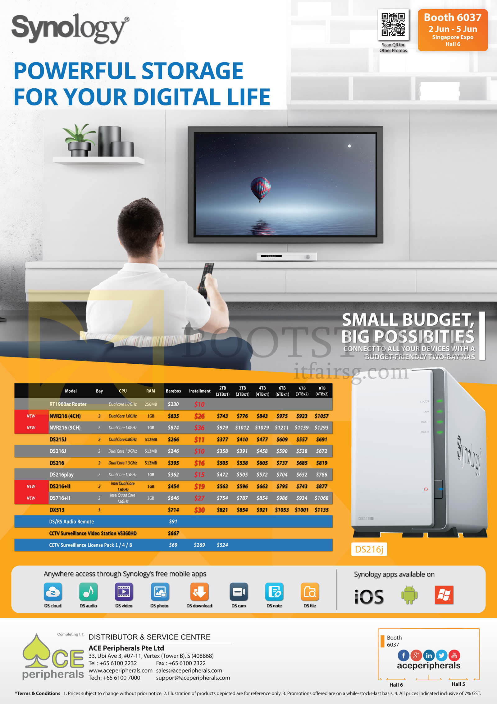 PC SHOW 2016 price list image brochure of ACE Peripherals Synology NAS Storage RT1900ac, NVR216, DS215J, DS216J, DS216, DS216Plus, DS716plus, DX513, DS RS Audio Remote, CCTV