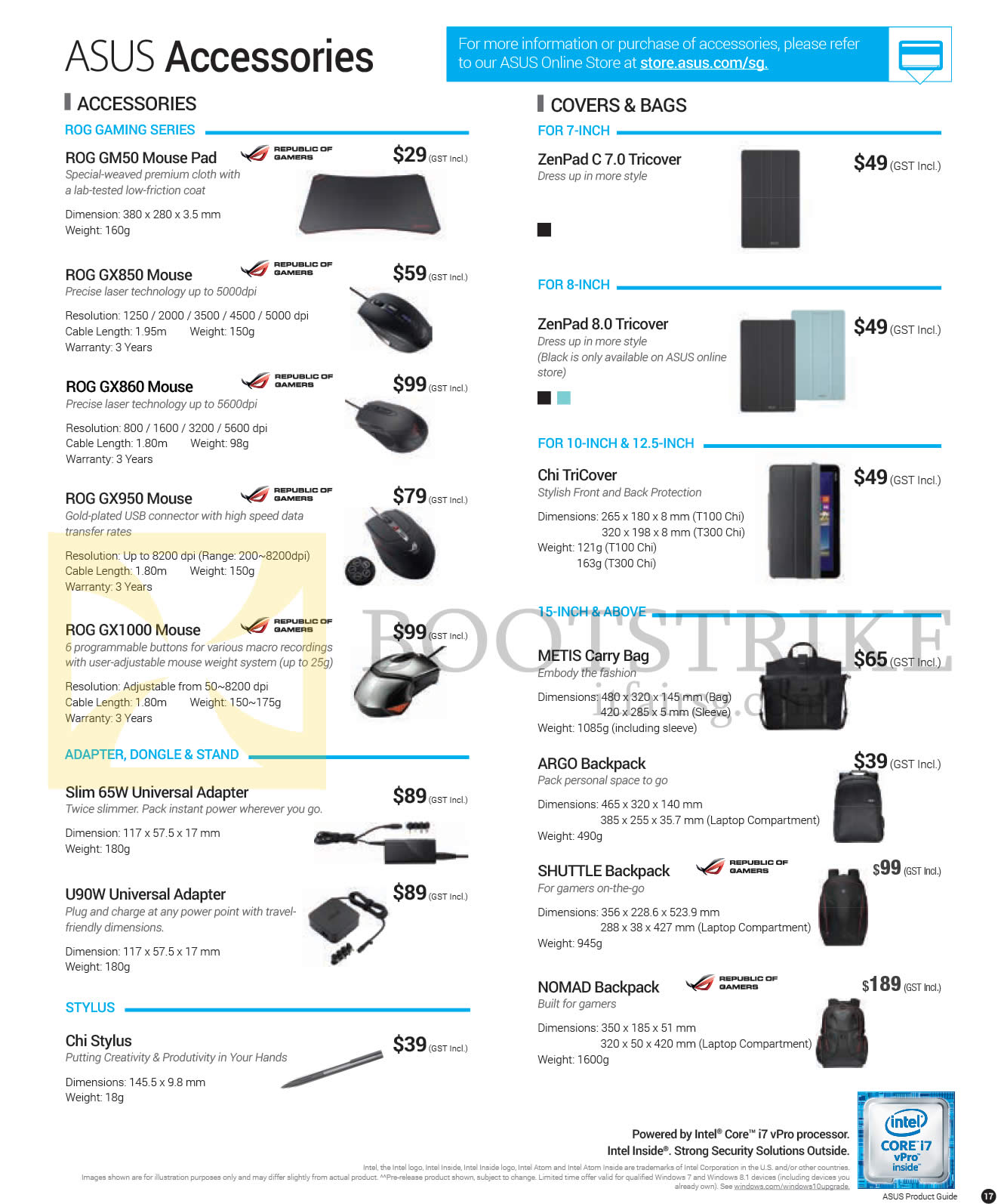 PC SHOW 2016 price list image brochure of ASUS Accessories ROG GM50 Mouse Pad, GX850, GX860, GX950, GX1000 Mouse, Slim 65W Universal Adapter, U90W, Chi Stylus, ZenPad 8.0 Tricover, METIS Carry Bag, ARGO Backpack