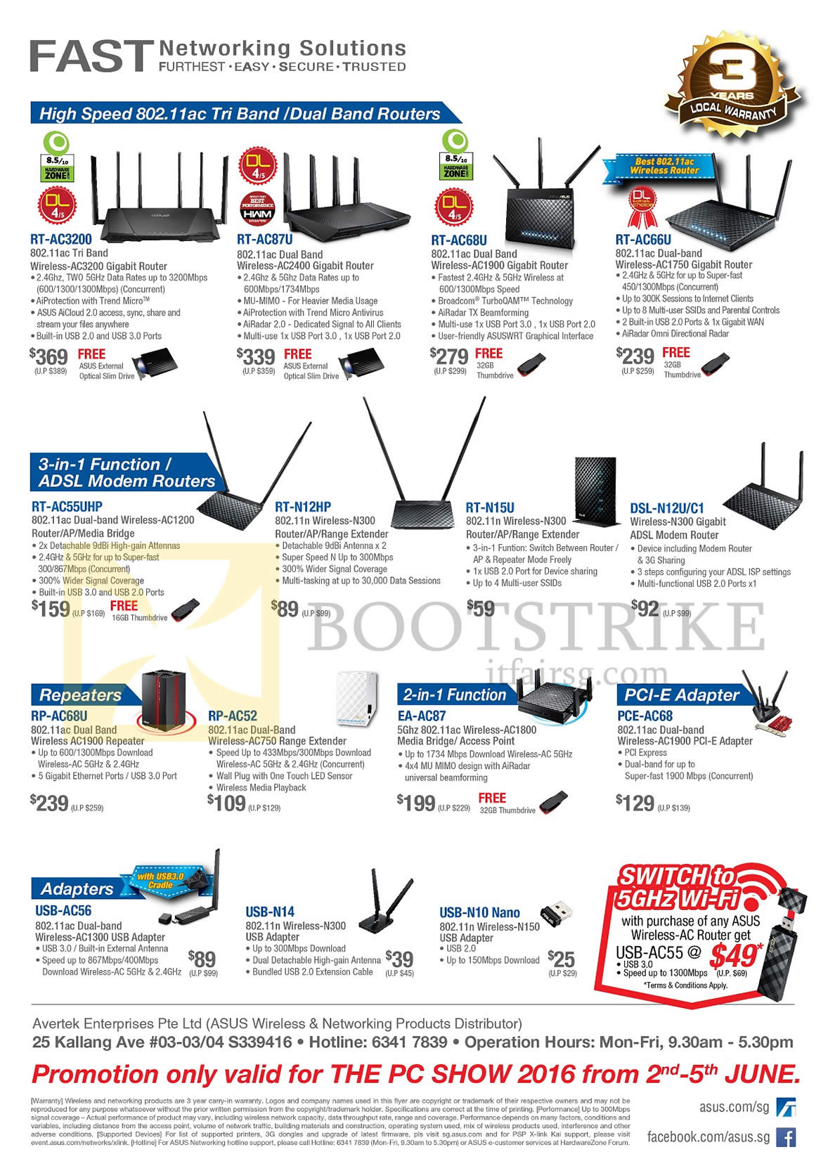 PC SHOW 2016 price list image brochure of ASUS Networking Wireless Routers, ADSL Modem, Extenders, USB, RT-AC3200, AC87U, AC68U, AC66U, N12HP, N15U, DSL-N12UC1, AC68U, Ac52, EA-AC87, USB-AC56, N14, N10 Nano