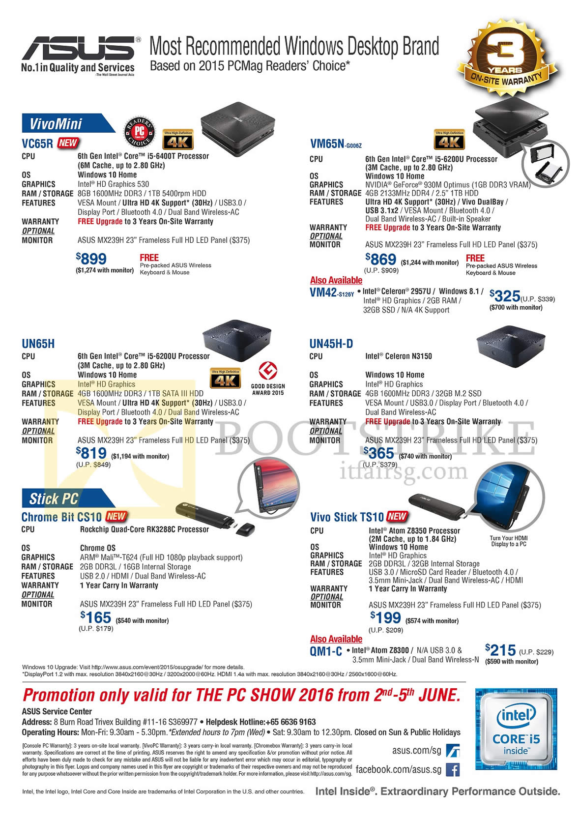 PC SHOW 2016 price list image brochure of ASUS PC Mini VivoMini VC65R, VM65N G006Z, UN65H, UN45H-D, Stick PCs Chrome Bit CS10, Vivo Stick TS10