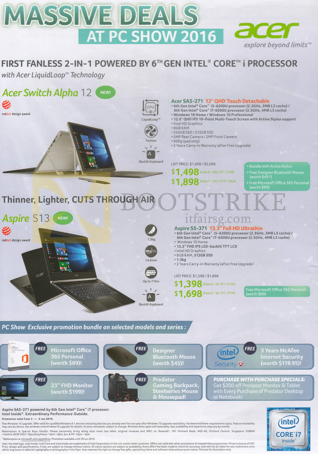 PC SHOW 2016 price list image brochure of Acer Notebooks Swich Alpha SA5-271, Aspire S13 S5-371, Free Gifts Bluetooth Mouse, Microsoft Office 365 Personal, Monitor, Backpack, Internet Security