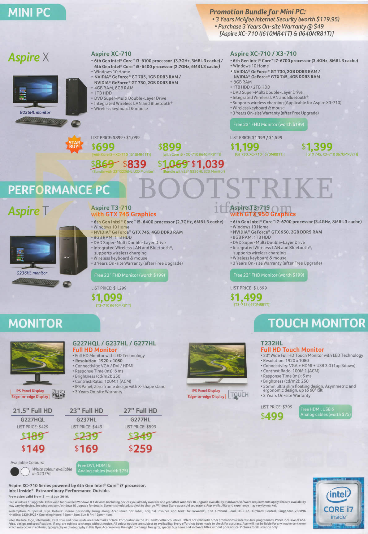 PC SHOW 2016 price list image brochure of Acer Notebooks, Monitors, Aspire XC-710, X3-710, T3-710, T3-715, G227HQL, G237HL, G277HL, T232HL