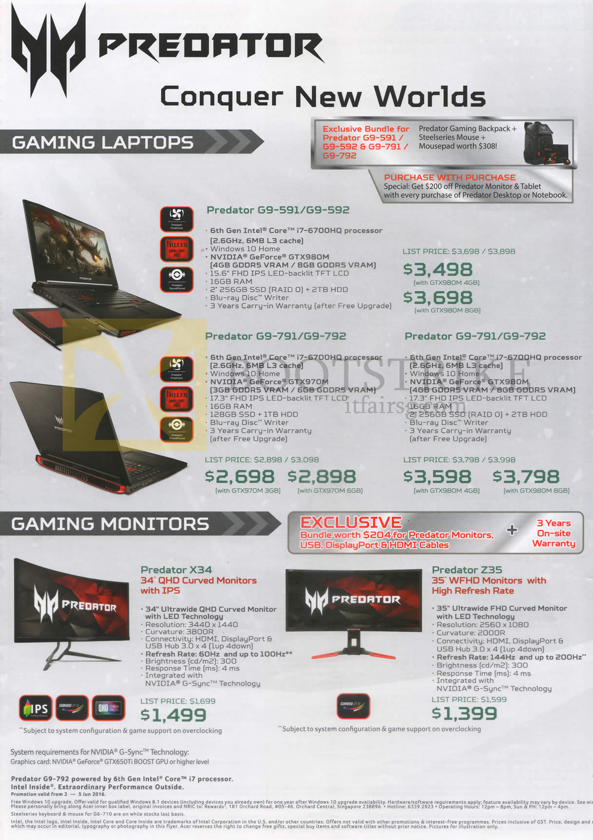 PC SHOW 2016 price list image brochure of Acer Predator Notebooks, Monitors, G9-591, 592, 791, 792, Predator X34, Z35