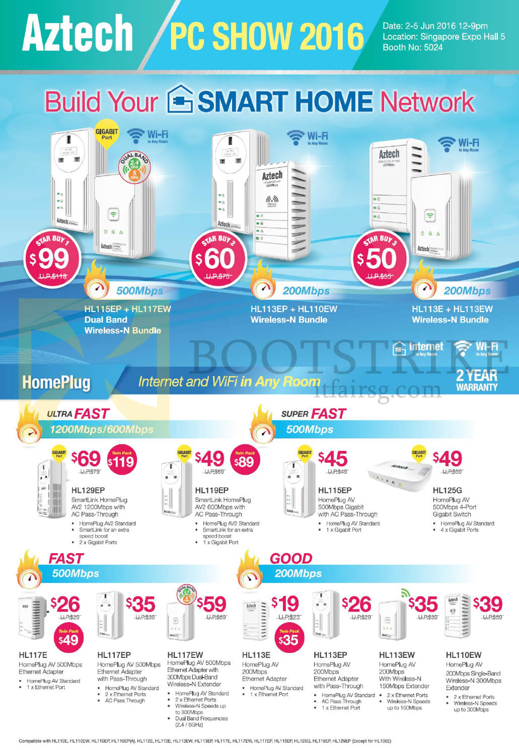 PC SHOW 2016 price list image brochure of Aztech Networking Homeplug, HL129EP, 119EP, 115EP, 125G, 117E, 117EP, 117EW, 113E, 113EP, 113EW, 110EW