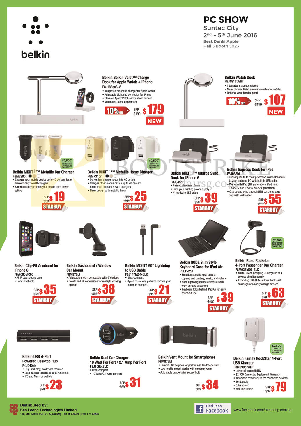 PC SHOW 2016 price list image brochure of Best Denki Belkin Valet Charge, Watch Dock, Mixit Car Charger, Express Dock, Sync Dock, Hub, Cable, Keyboard Case, Lightning USB