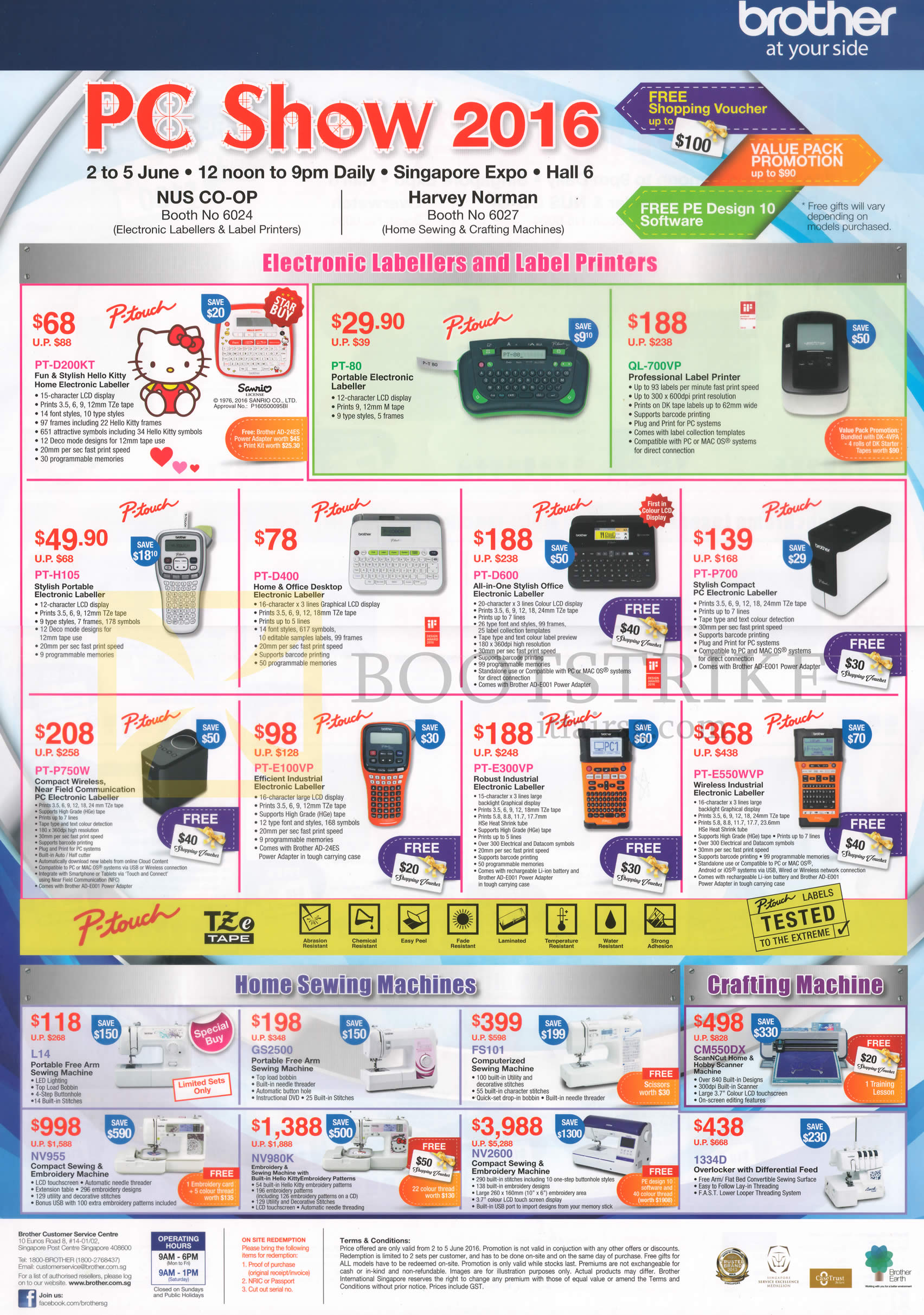 PC SHOW 2016 price list image brochure of Brother Labellers P-Touch, Sewing Machines, Crafting Machines, PT-D200KT, 80, H105, D400, D600, P700, QL-700VP, L14, GS2500, FS101, NV955, NV980K, 2600