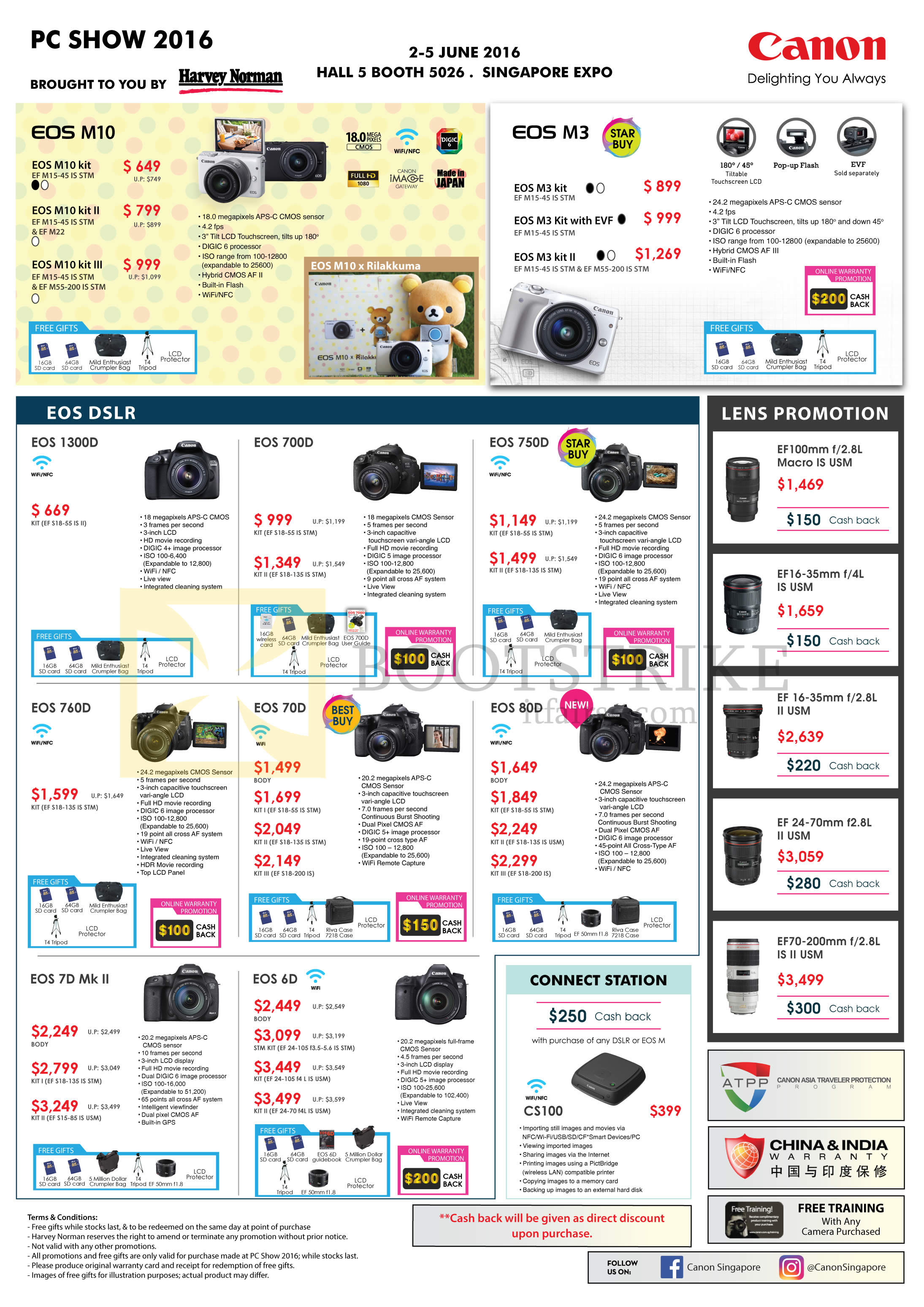 PC SHOW 2016 price list image brochure of Canon DSLR Digital Cameras, Connect Station, EOS M10, 1300D, 760D, 7D Mk II, 700D, 70D, 6D, 750D, 80D, CS100