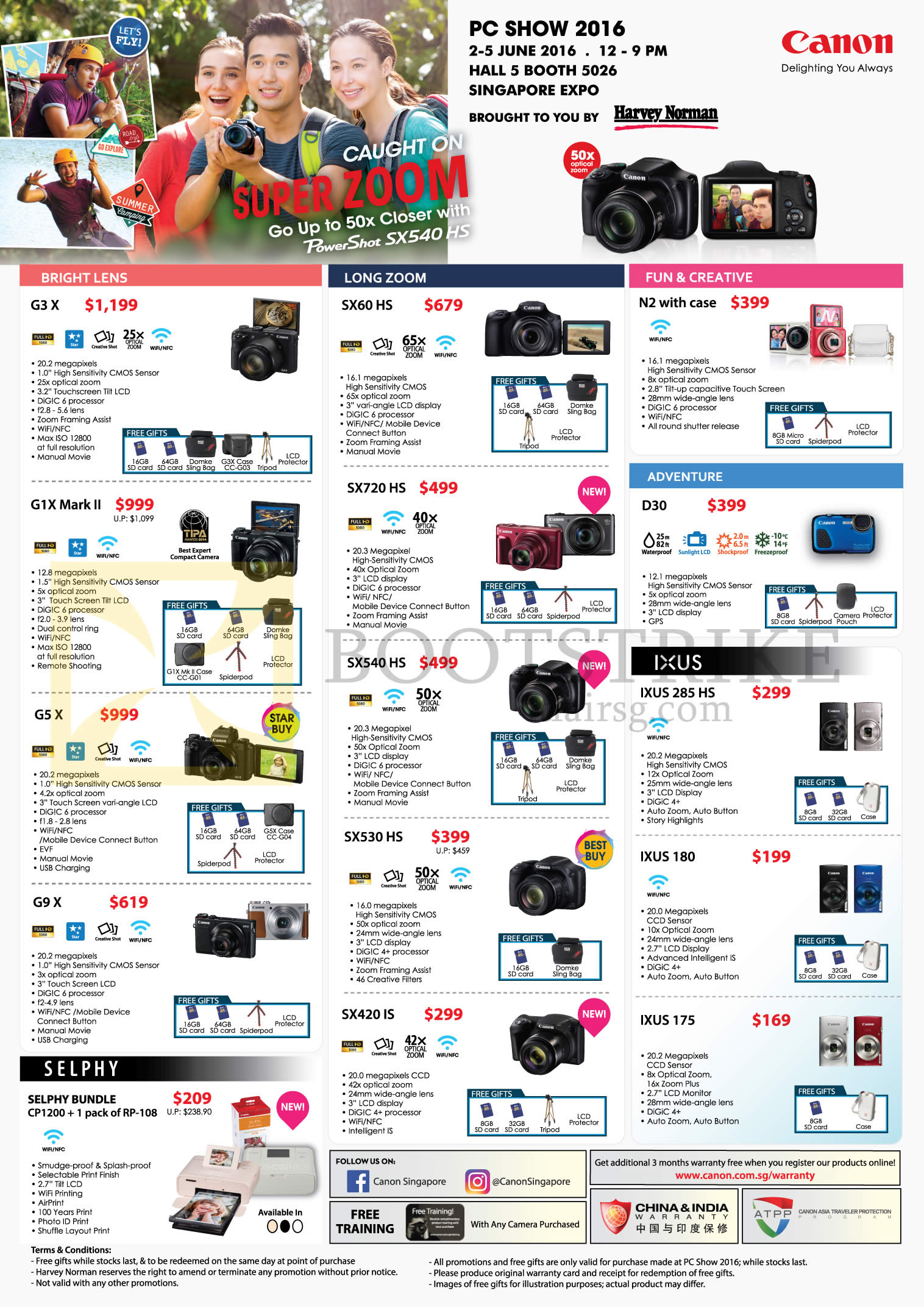 PC SHOW 2016 price list image brochure of Canon Digital Cameras Powershot G3 X, N2, G1X Mark II, GS X, G9 X, Selphy CP1200, SX60 HS, SX720HS, SX540 HS, SX530 HS, SX 420 IS, D30, IXUS 180, 175