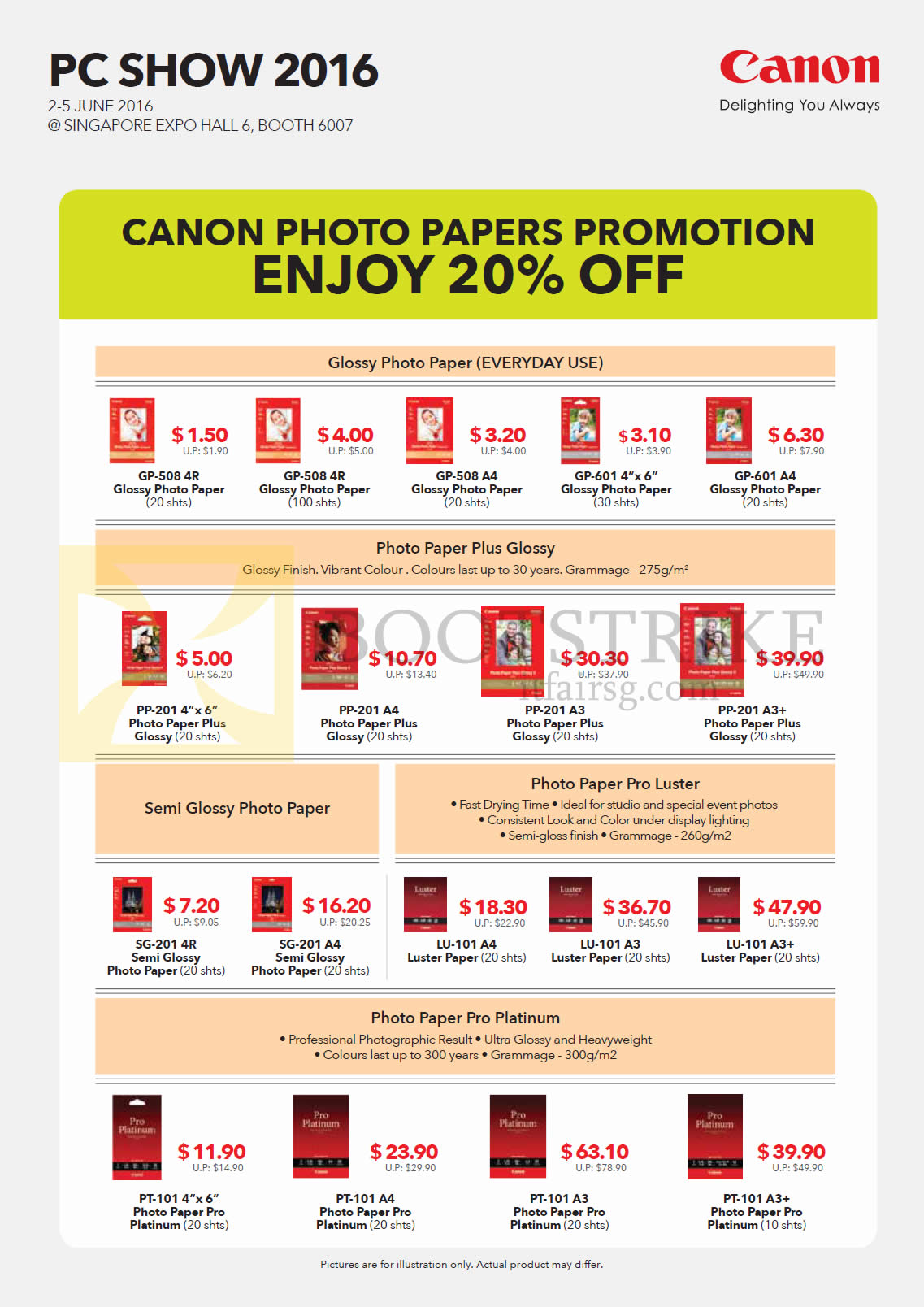 PC SHOW 2016 price list image brochure of Canon Photo Papers Promotion GP-508, 601, PP-201, SG-201, LU-101, PT-101